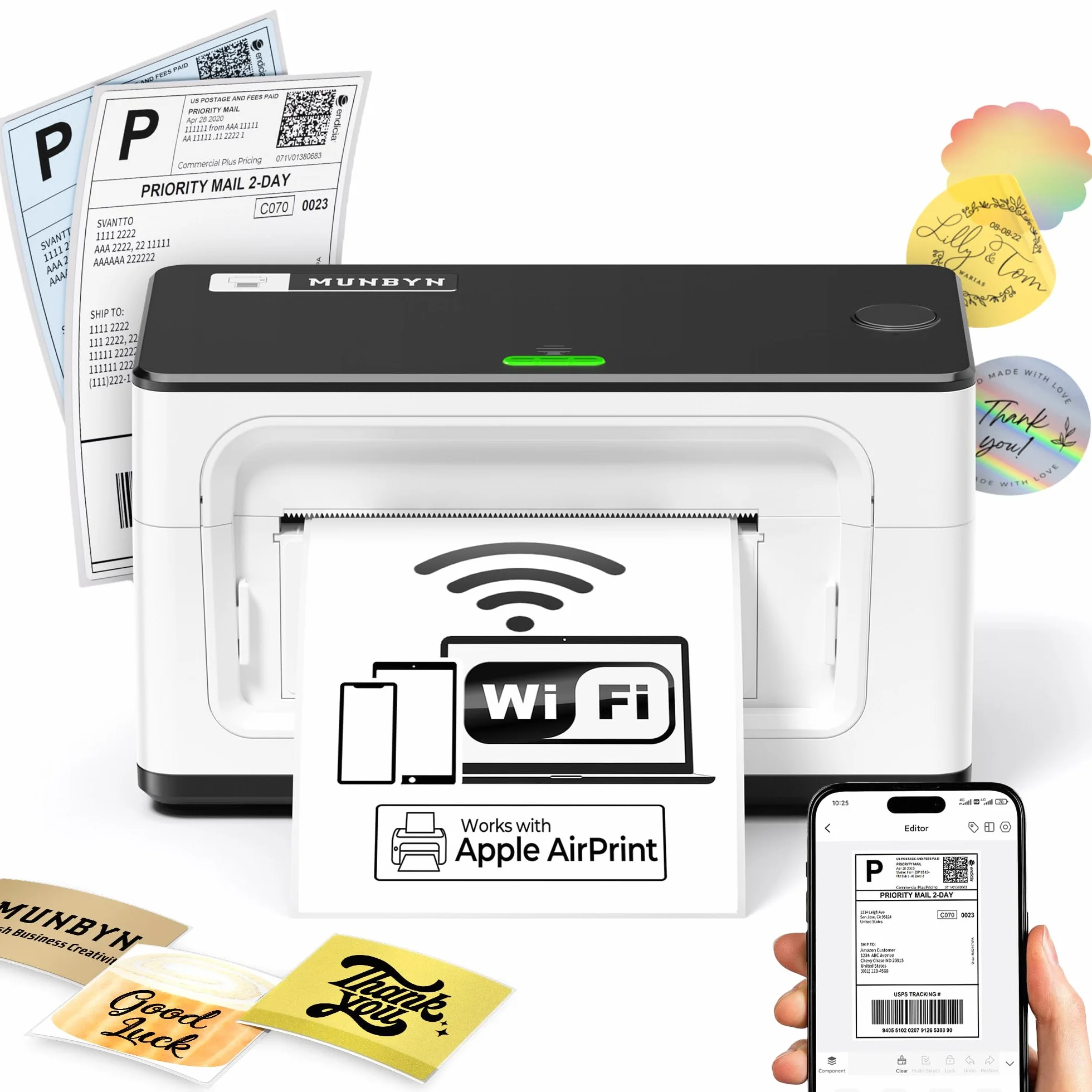 MUNBYN Imprimante Thermique AirPrint 4x6 sans Fil, Compatible Etsy Shopify Royal Mail, Blanc