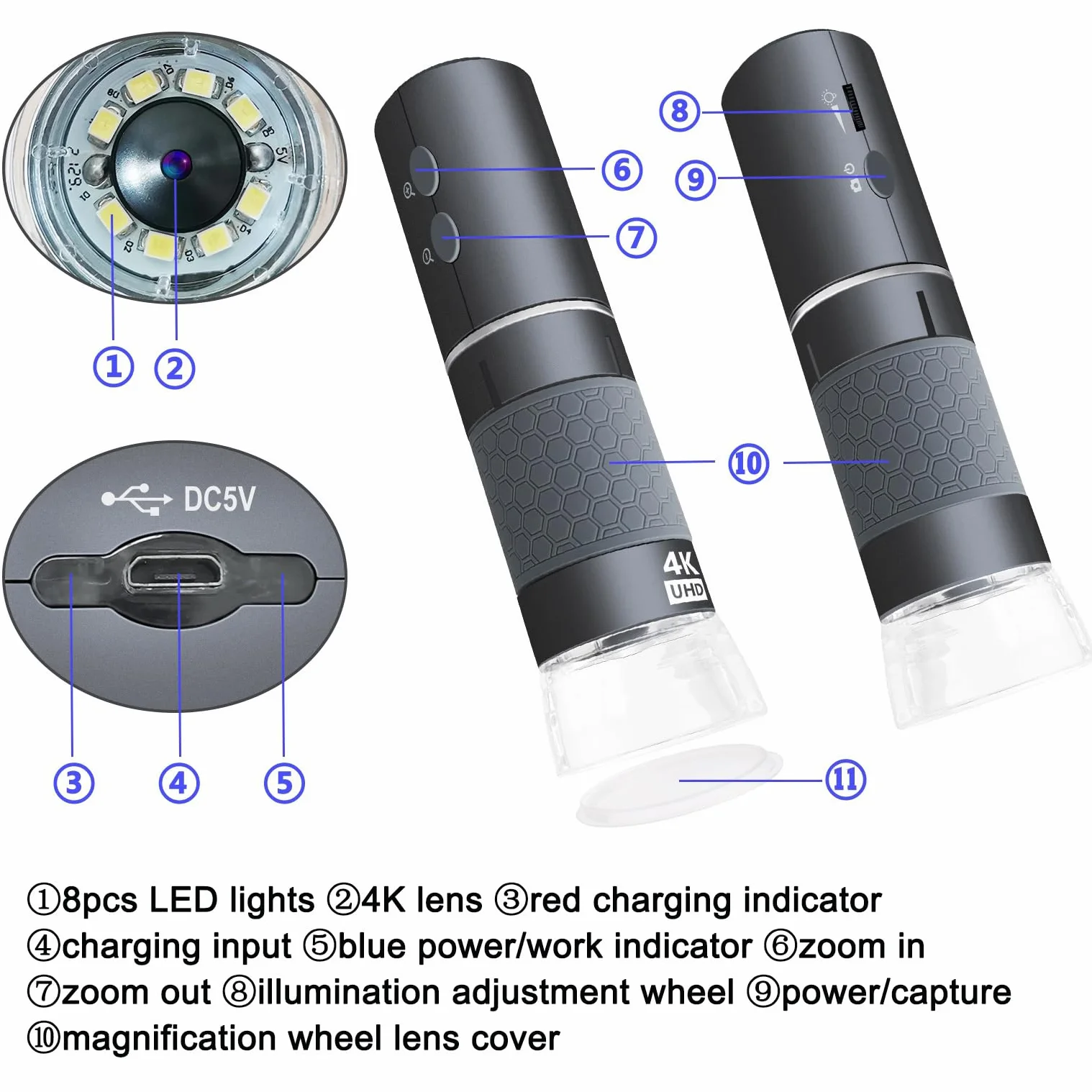 Jiusion Microscope Numérique Portatif WiFi USB, Grossissement 50-1000X Caméra 4K 3840x2160P 8 LED Support Métal