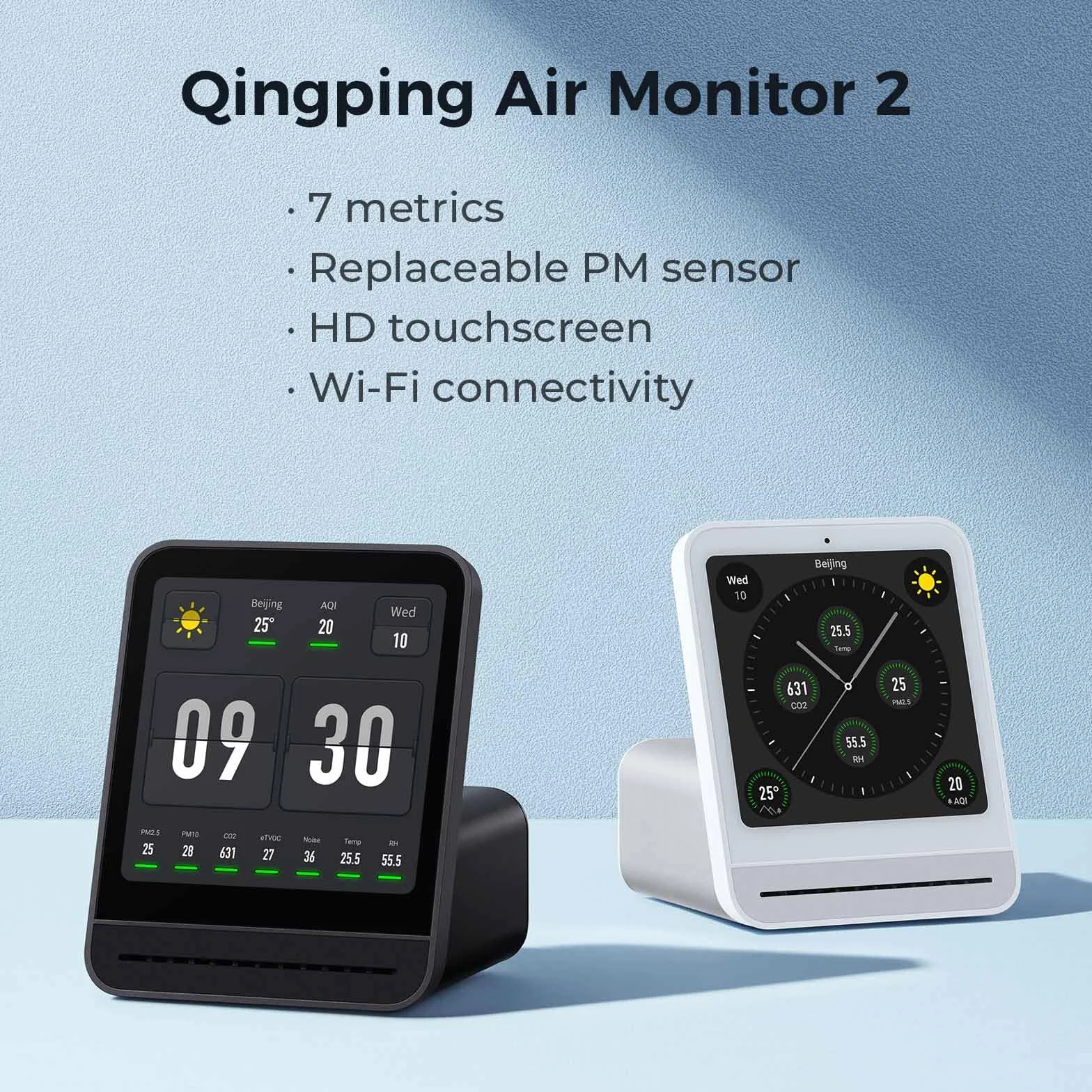 Qingping Moniteur de Qualité de l'Air 2, Détecteur de Qualité de l'Air Intérieur, PM2.5, CO2, PM10, Bruit, Température, Humidité, Nouvelle Fonction Réveil, Testeur de Qualité de l'Air Intelligente