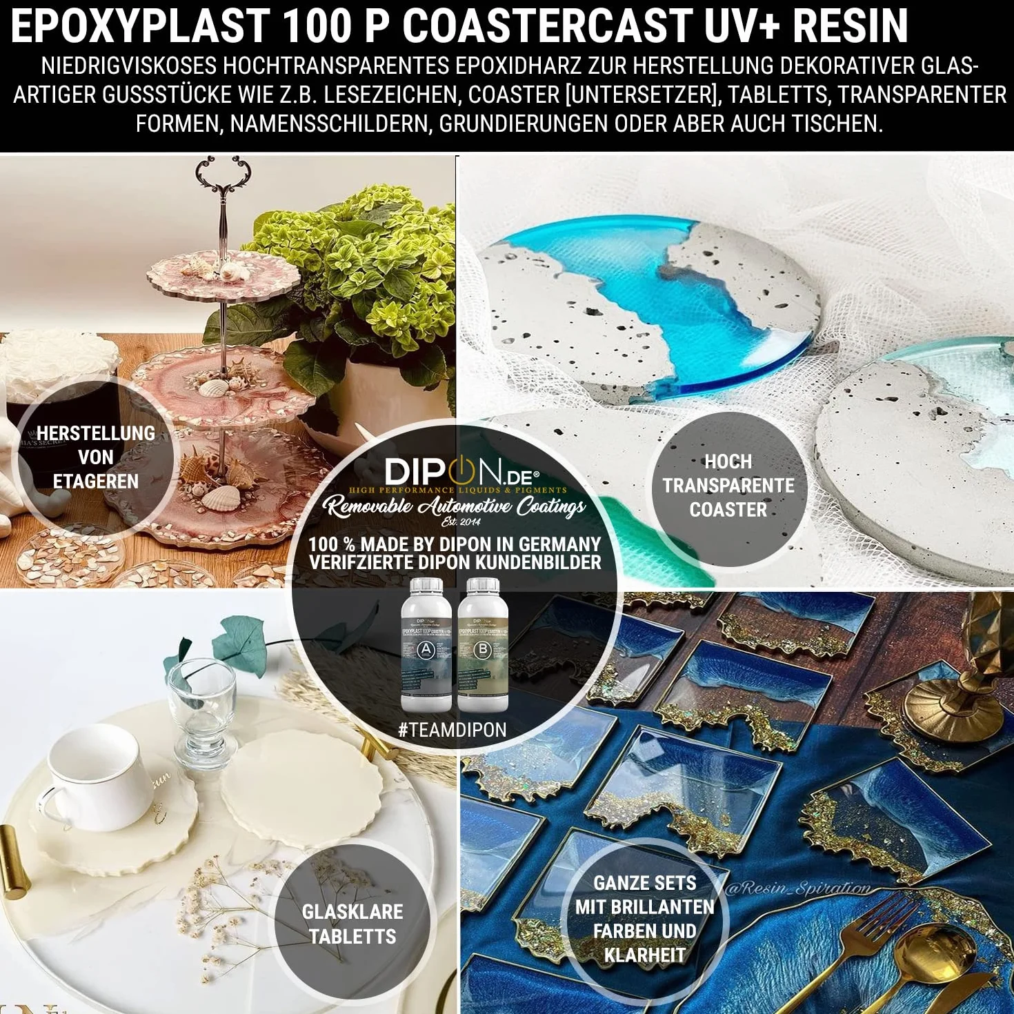 Résine époxy Plast 100P CoasterCast UV + 6,0 kg I Verre transparent & sans bulles I Protection UV maximale I Sans BPA non toxique I Convient pour les marque-pages en résine Art Pendentif Sous-verre