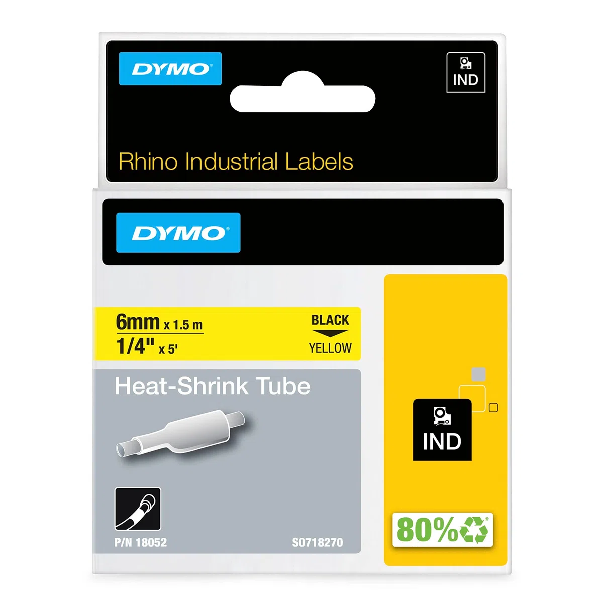 DYMO Rhino gaines thermorétractables industrielles 12 mm x 1,5 m impression noir sur blanc pour étiqueteuses Rhino