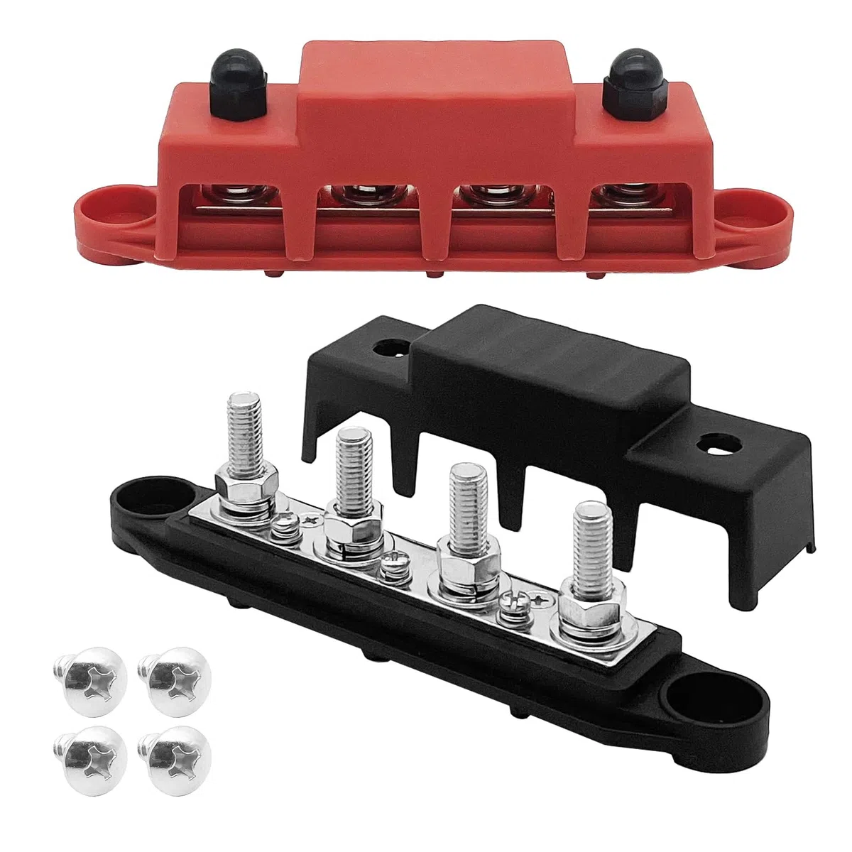 Bloc de Distribution D'alimentation 12V-48V dc Bus Bar, 250A Barre de Bus Rails de Collecte Couvercle avec 4 X M10(3/8") Boulons de Raccordement pour Voiture Camion Bateau (Rouge & Noir)