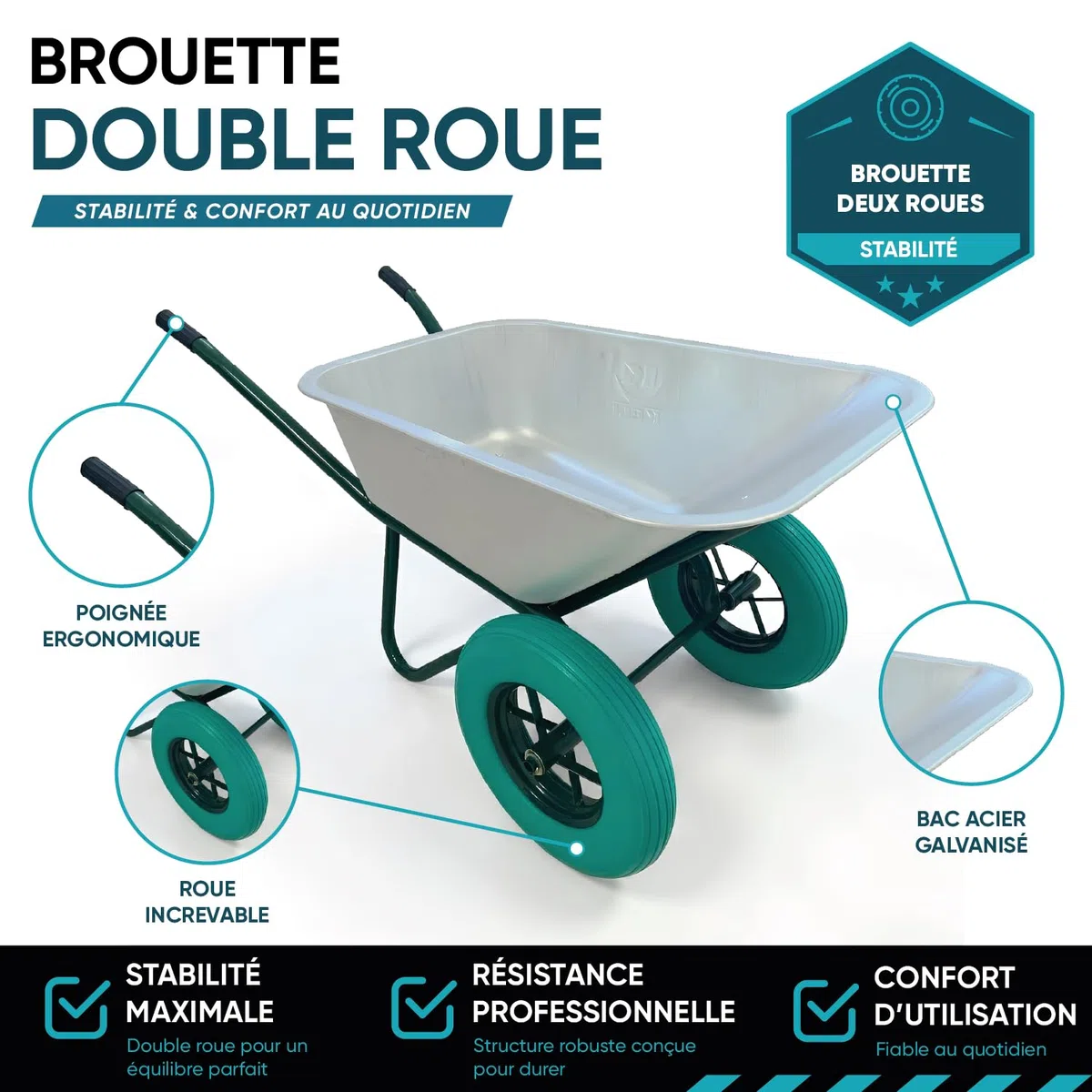 KELI - Brouette 2 Roues Increvables, 110L, Chariot de Transport, Poignées Ergonomiques, Usage Intensif, Acier Galvanisé
