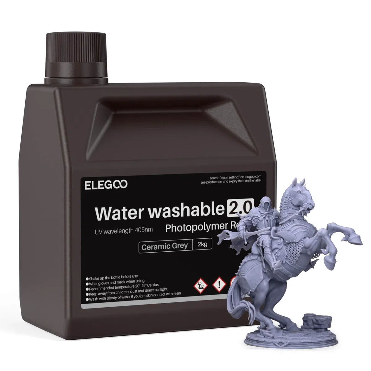 ELEGOO Résine Imprimante 3D Lavable à l'Eau 2.0, Gris 2000g, Durcissement Rapide pour LCD/DLP/MSLA, UV 395-405 nm