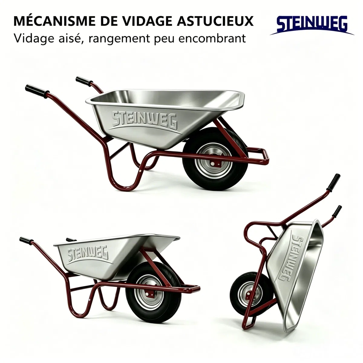 STEINWEG - Brouette de chantier - 100 l - 250 kg - Pneus pneumatiques avec bac galvanisé - Construction robuste pour le jardin et les besoins de construction - Pneus pneumatiques avec jantes en acier