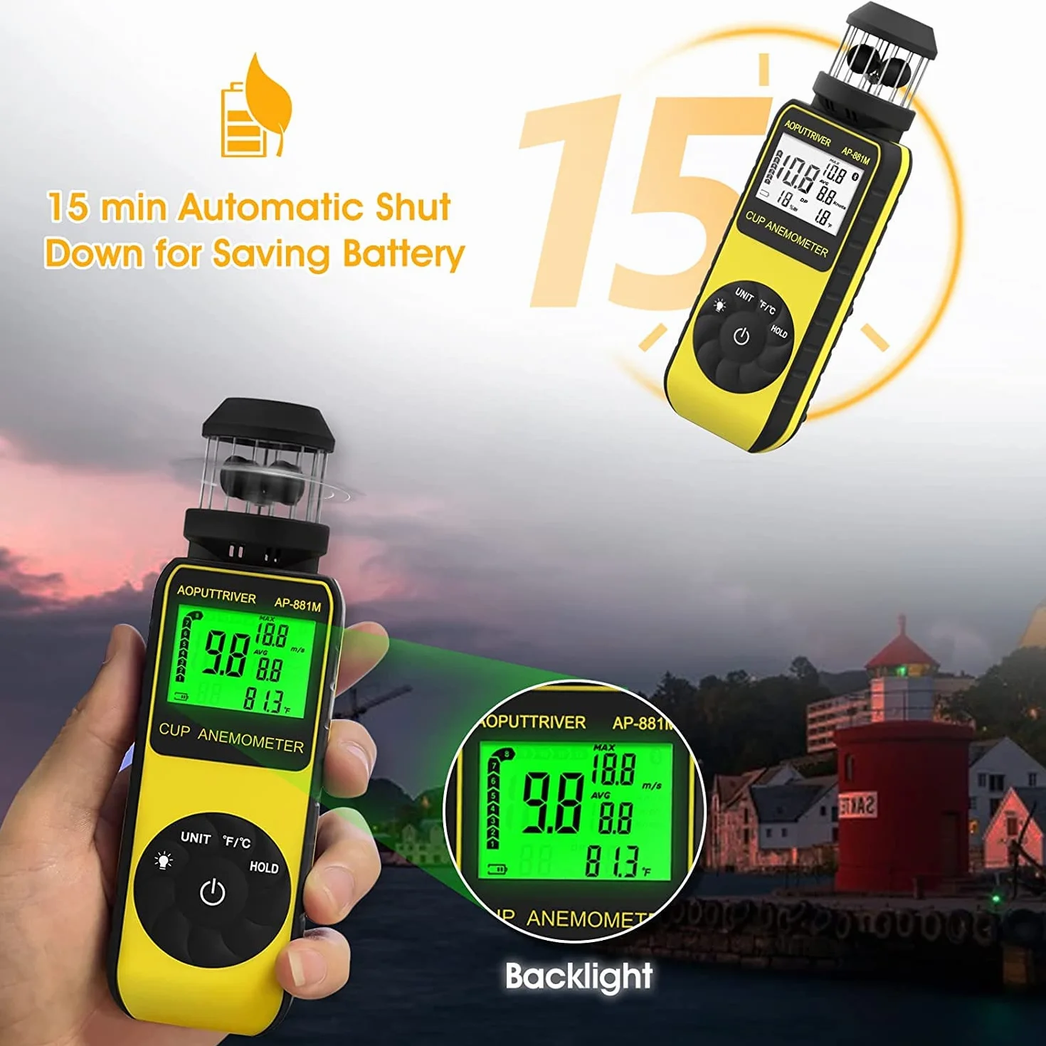 Anémomètre Numérique AP-881M Wind Cup, Anémomètre de Poche 360° Toutes Directions, Mesure Vitesse Vent Température LCD