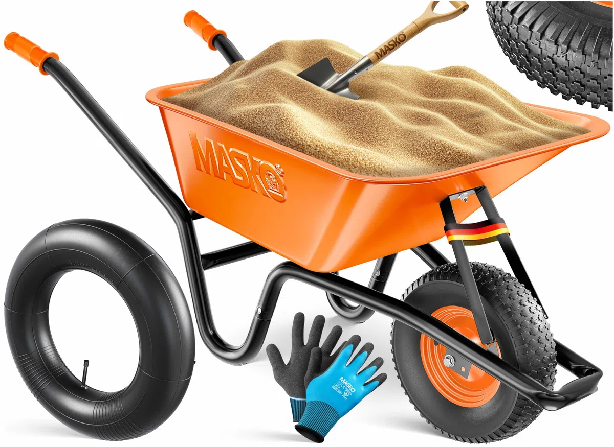MASKO® Brouette | Capacité 100 litres | 250 kg | Pneus à air avec Jantes en Acier + Chambre à air de Rechange | Châssis en Acier galvanisé | Orange