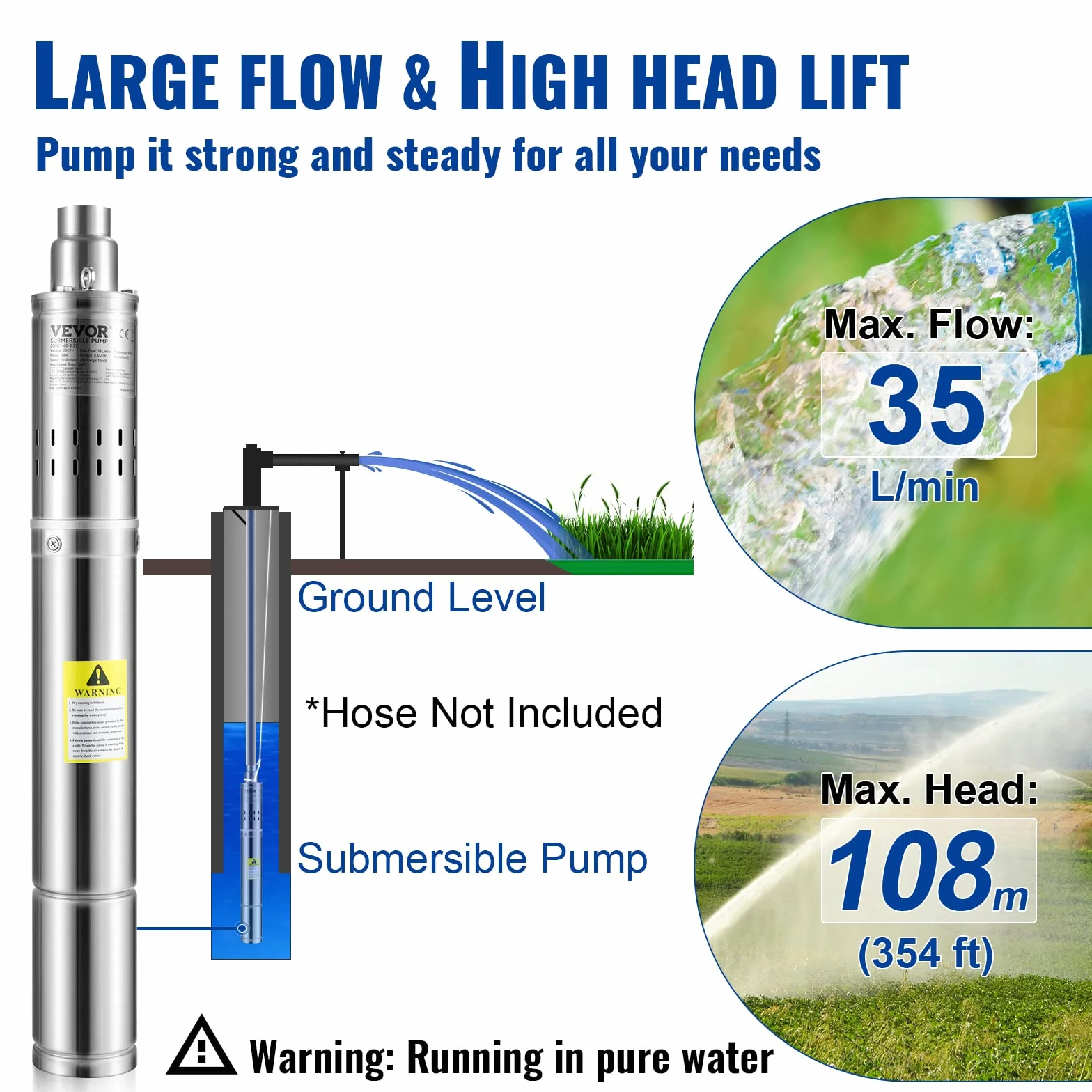 VEVOR Pompe Immergée pour Puits 2100 L/h 108 m Pompe à Eau pour Puits Profond en Acier Inox, Pompe à Eau Électrique 550 W, Pompe de Puits Submersible Automatique Usage Domestique Agricole Industriel