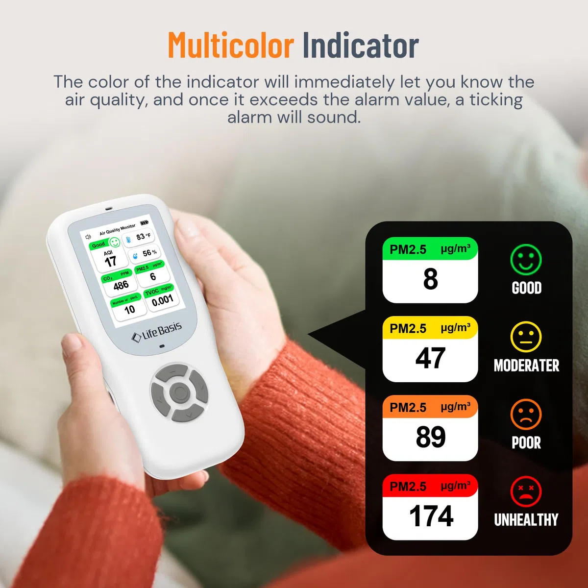 10 en 1 Appareils Mesurant Qualité Air Intérieur, LifeBasis Détecteur de CO2, AQI,PM1.0, PM2.5, PM10, TVOC, HCHO, Particules, Température et Humidité pour Maison, Bureau, et Ecole