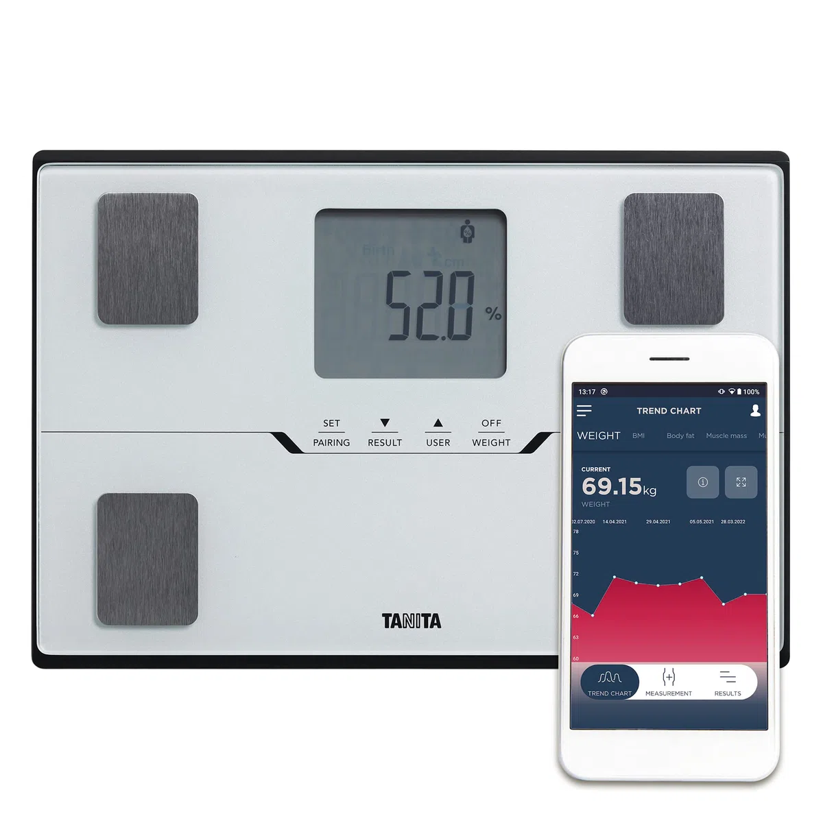 TANITA BC-401 Balance Intelligente de Composition Corporelle Familiale Compacte Blanche avec APP pour le Suivi de la Condition Physique