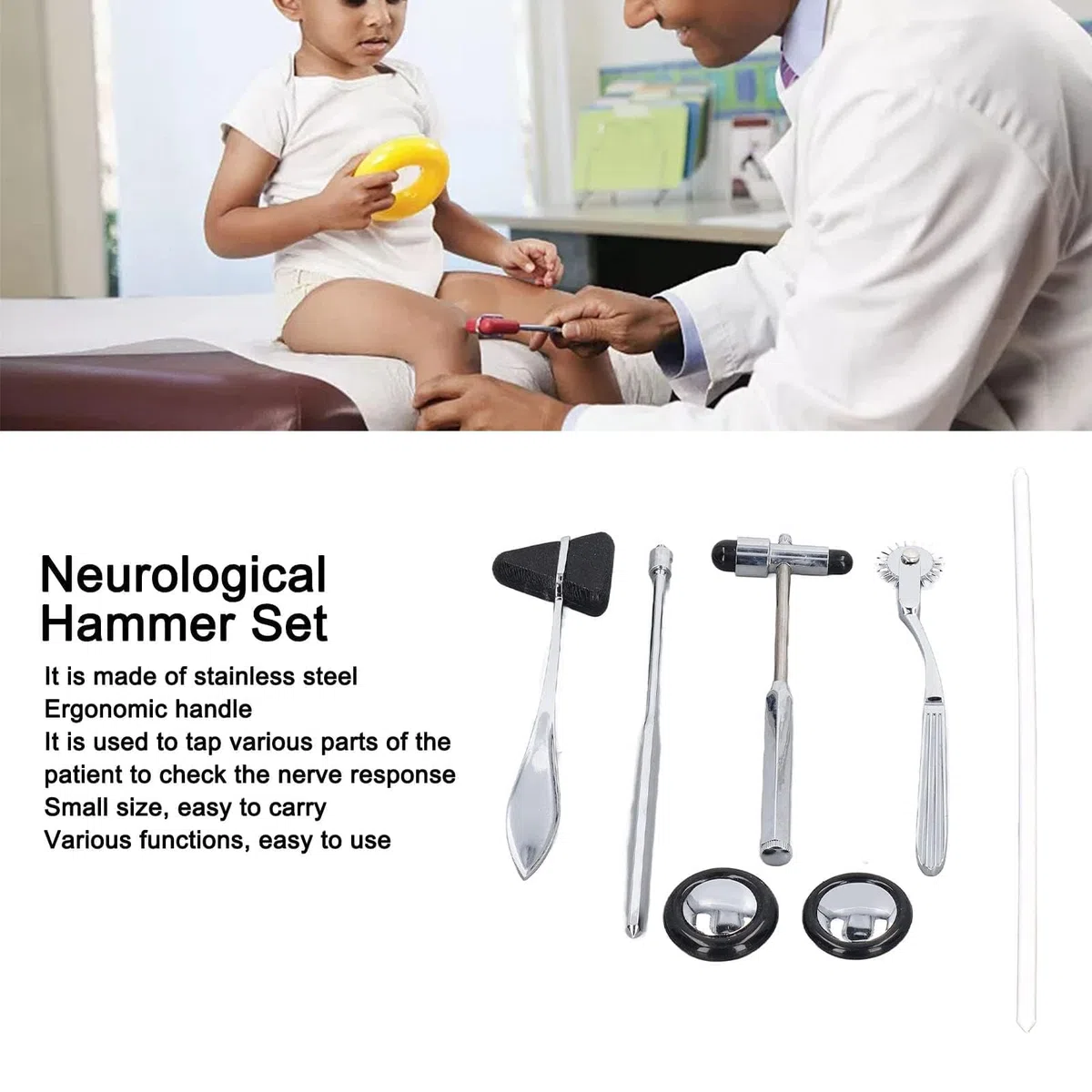 Ensemble 5 Marteaux Neurologiques Acier Inoxydable, Marteau Main Neurologique Portable Multifonctionnel pour Examen Système Nerveux