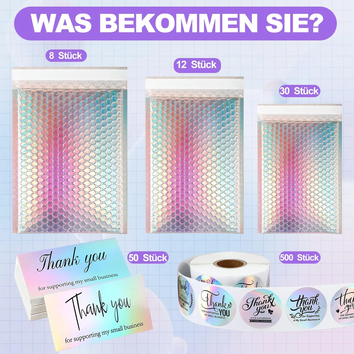 Lot de 50 enveloppes à bulles holographiques avec cartes de remerciement - Poly Bubble Mailer autocollant