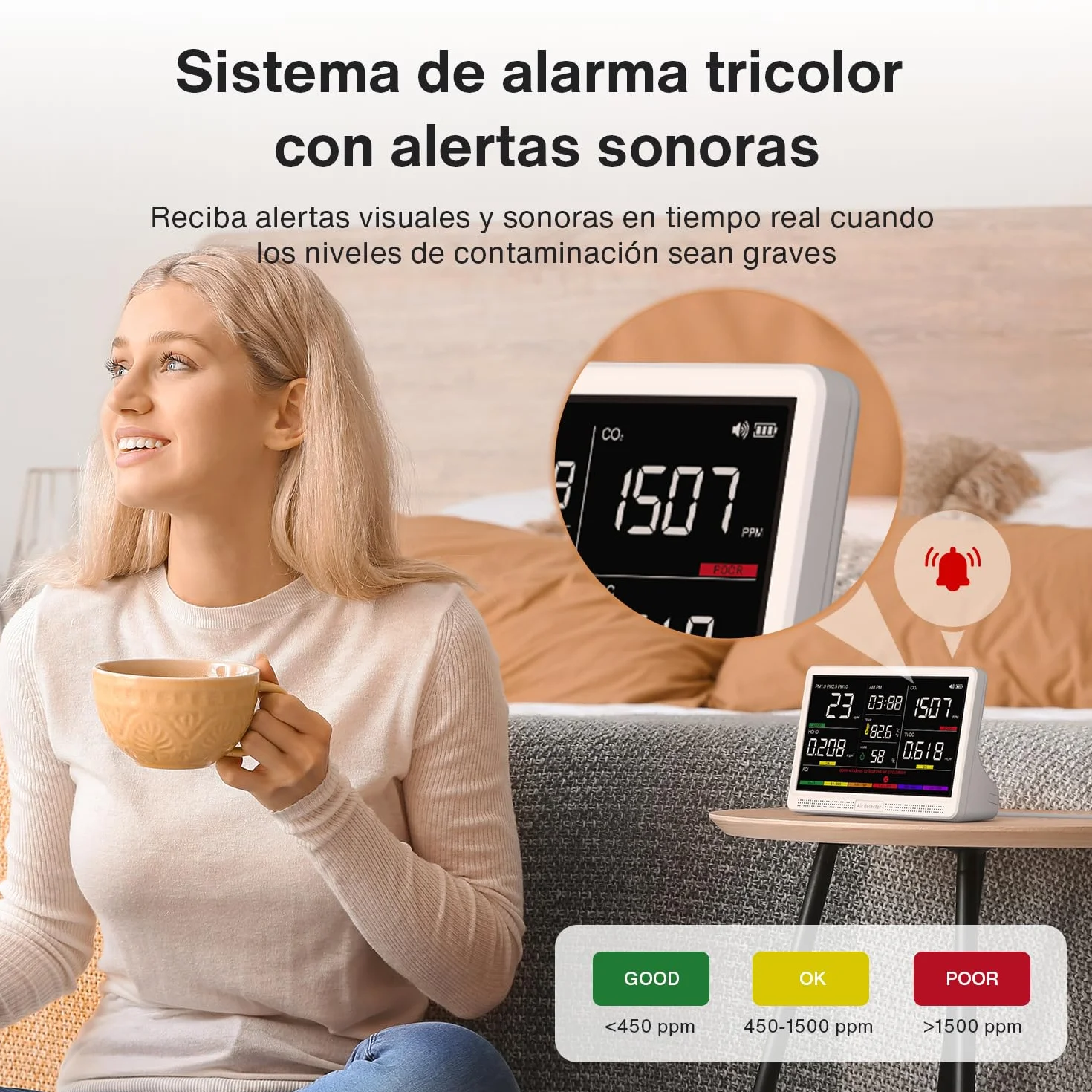 Moniteur de qualité d'air intérieur 16 en 1 avec écran 7", autonomie améliorée de 12 heures. Compteur professionnel pour CO₂, COV, PM2.5, PM1.0, PM10, HCHO, température, humidité, AQI et heure