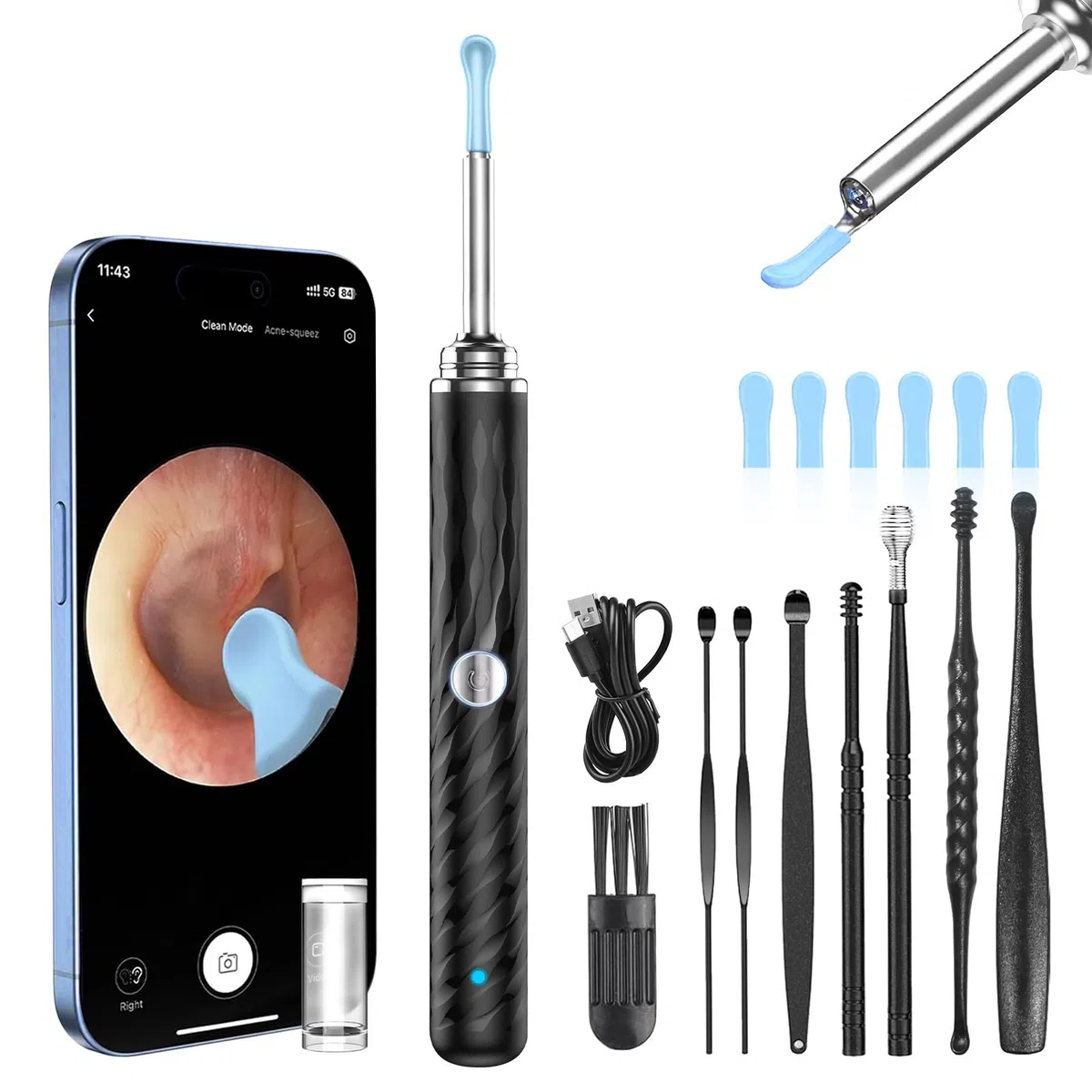 Otoscope Oreille 1080P HD IP67 Étanche Nettoyant Oreille Avec Camera Oreille Nettoyage de 3,5 mm 6 Lumières LED Outil de Nettoyage d'oreille WIFI Adapté aux Smartphones et Tablettes IOS et Android