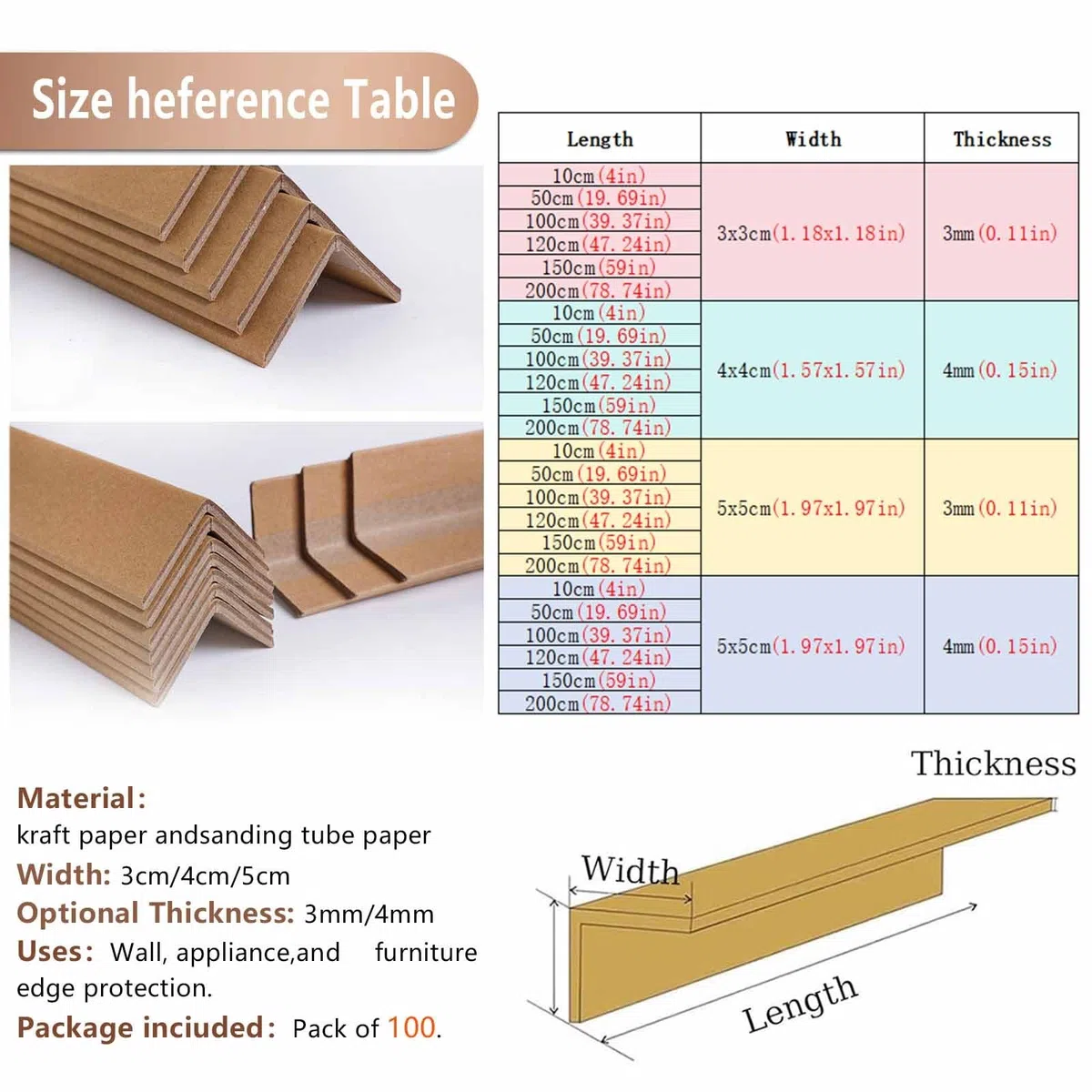 Cornières en Carton pour Emballage, Lot de 100, Protection d'Angle pour Palettes et Boîtes, 10 x 4 x 0.4 cm