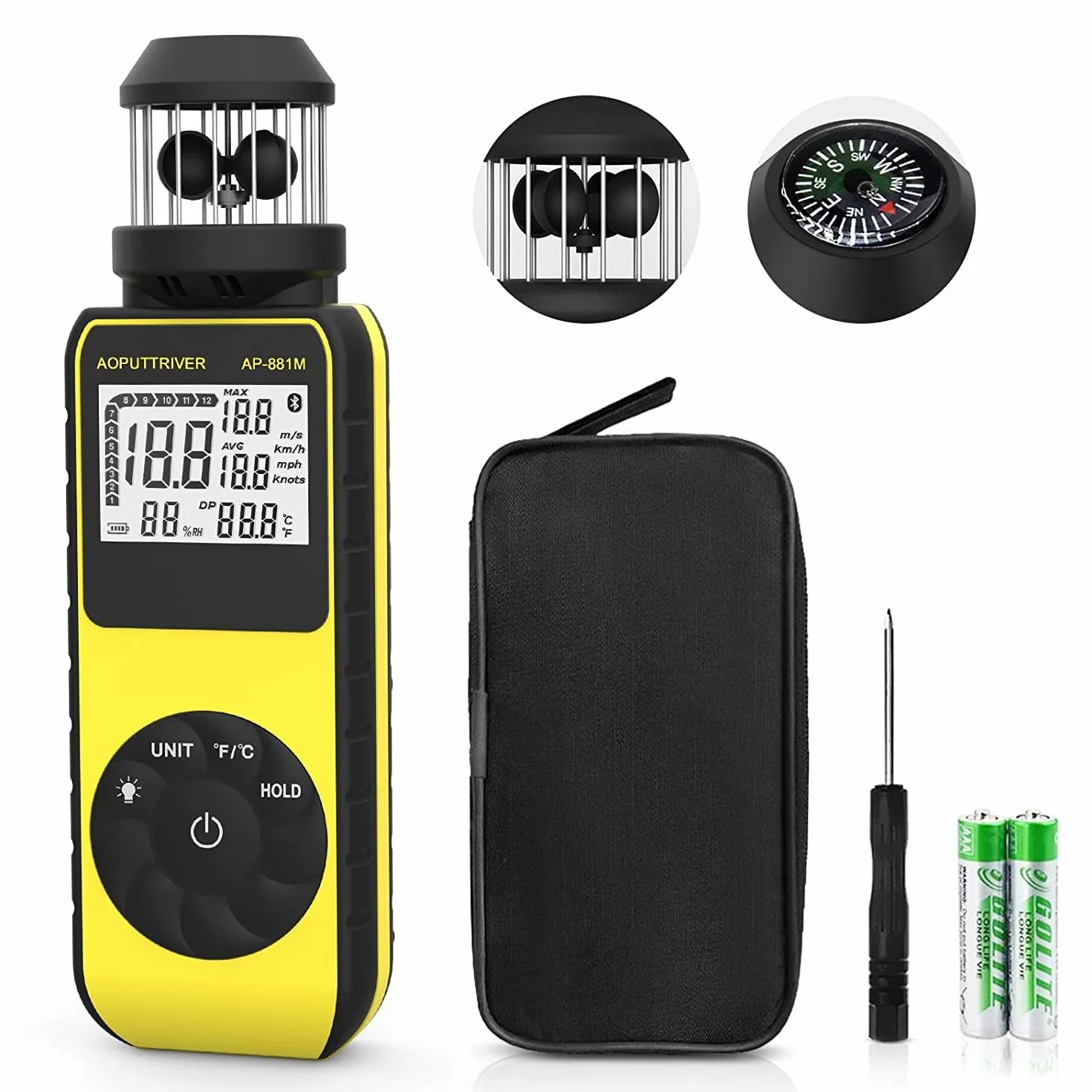 Anémomètre Numérique AP-881M Wind Cup, Anémomètre de Poche 360° Toutes Directions, Mesure Vitesse Vent Température LCD