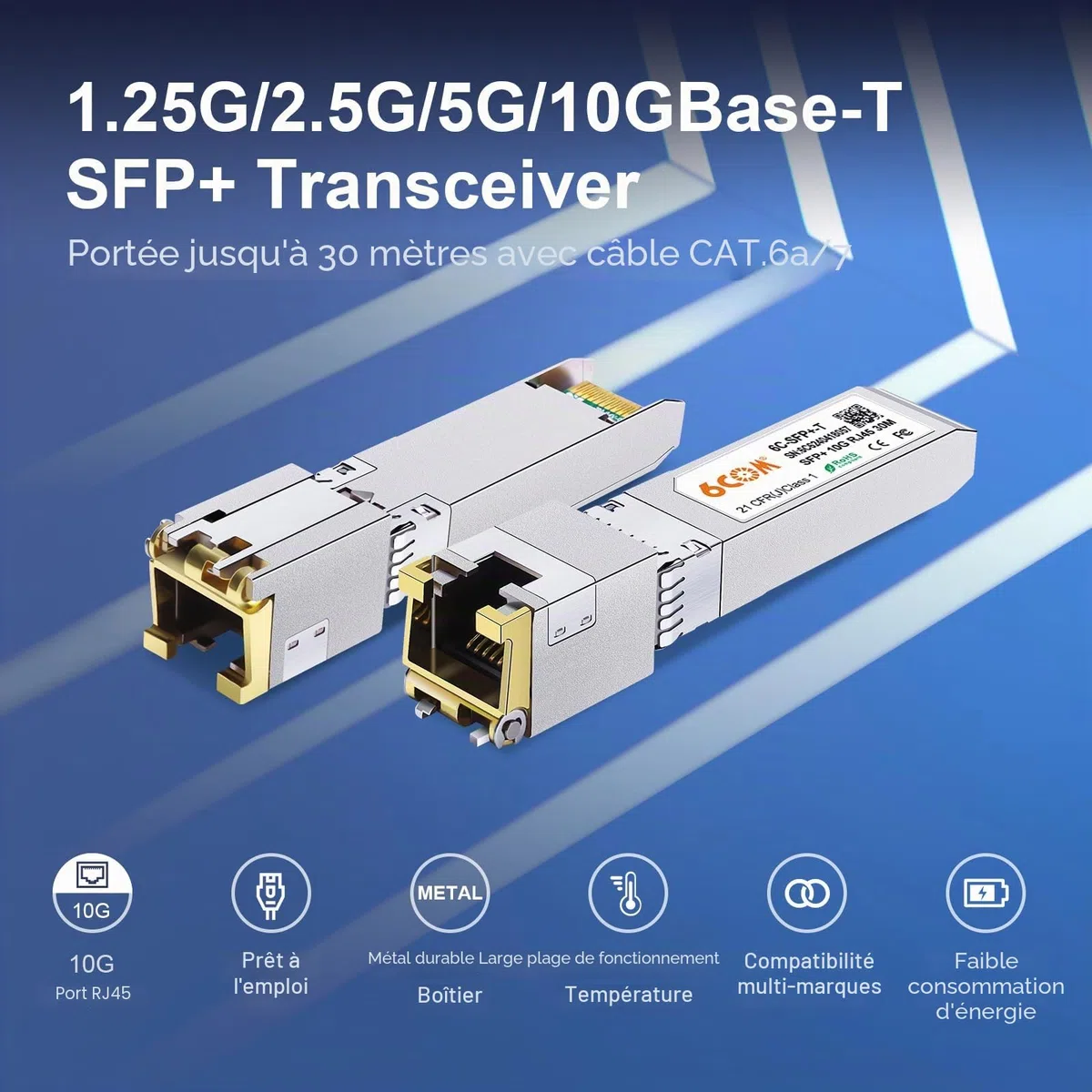 1,25/2,5/5/10GBase-T SFP+ 10gb RJ45 Module, Adaptateur sfp+ vers rj45 10gb, Cat.6a/7, jusqu'à 30 m, pour Cisco SFP-10G-T-S, Ubiquiti uacc-cm-rj45-mg, D-Link, MikroTik S+RJ10 and Other Open Switches