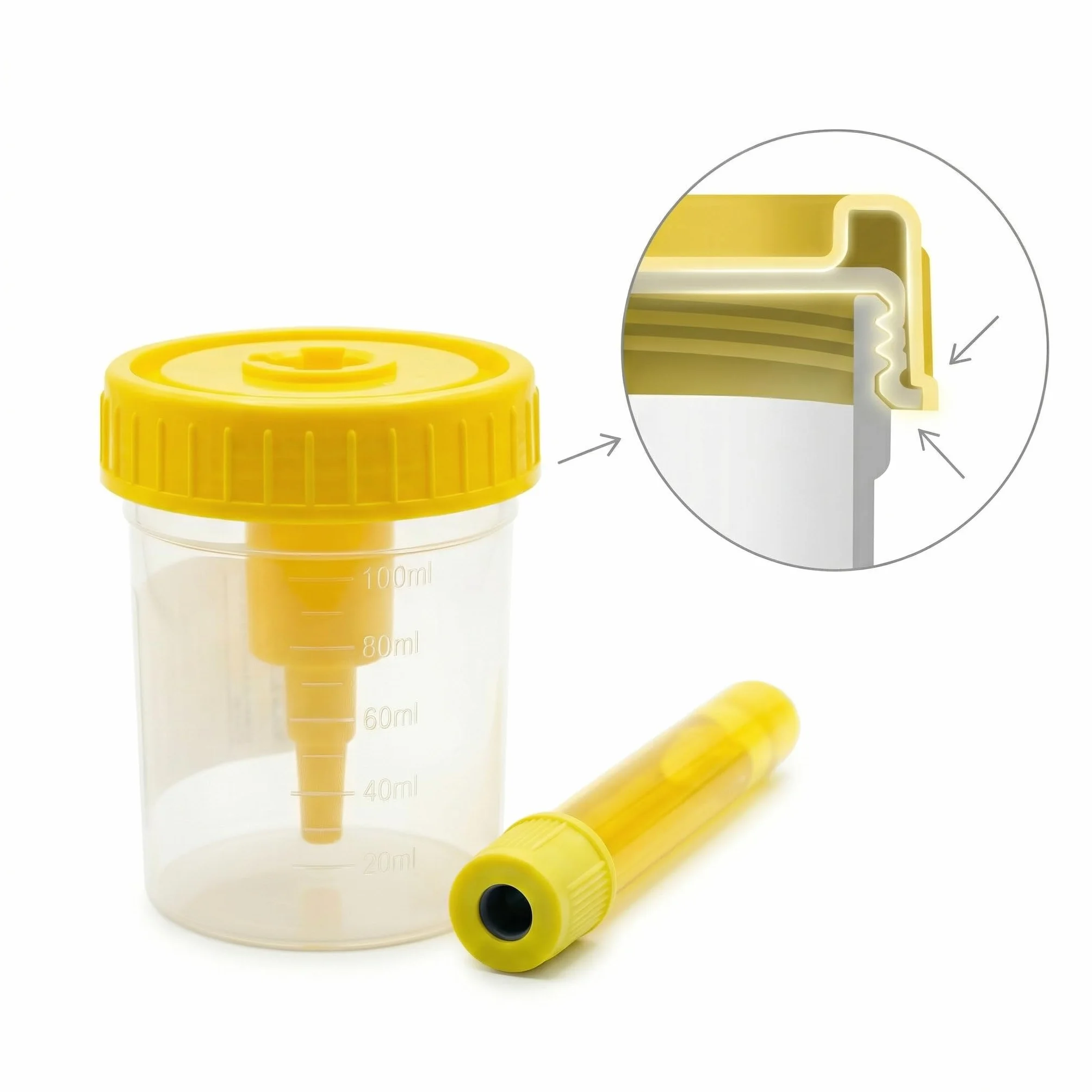 KMINA Kit de Prélèvement d'Urine sous Vide (150 unités), Flacon de 100 ml avec Graduation et Tube sous Vide de 9 ml, Système Clos et Hygiénique