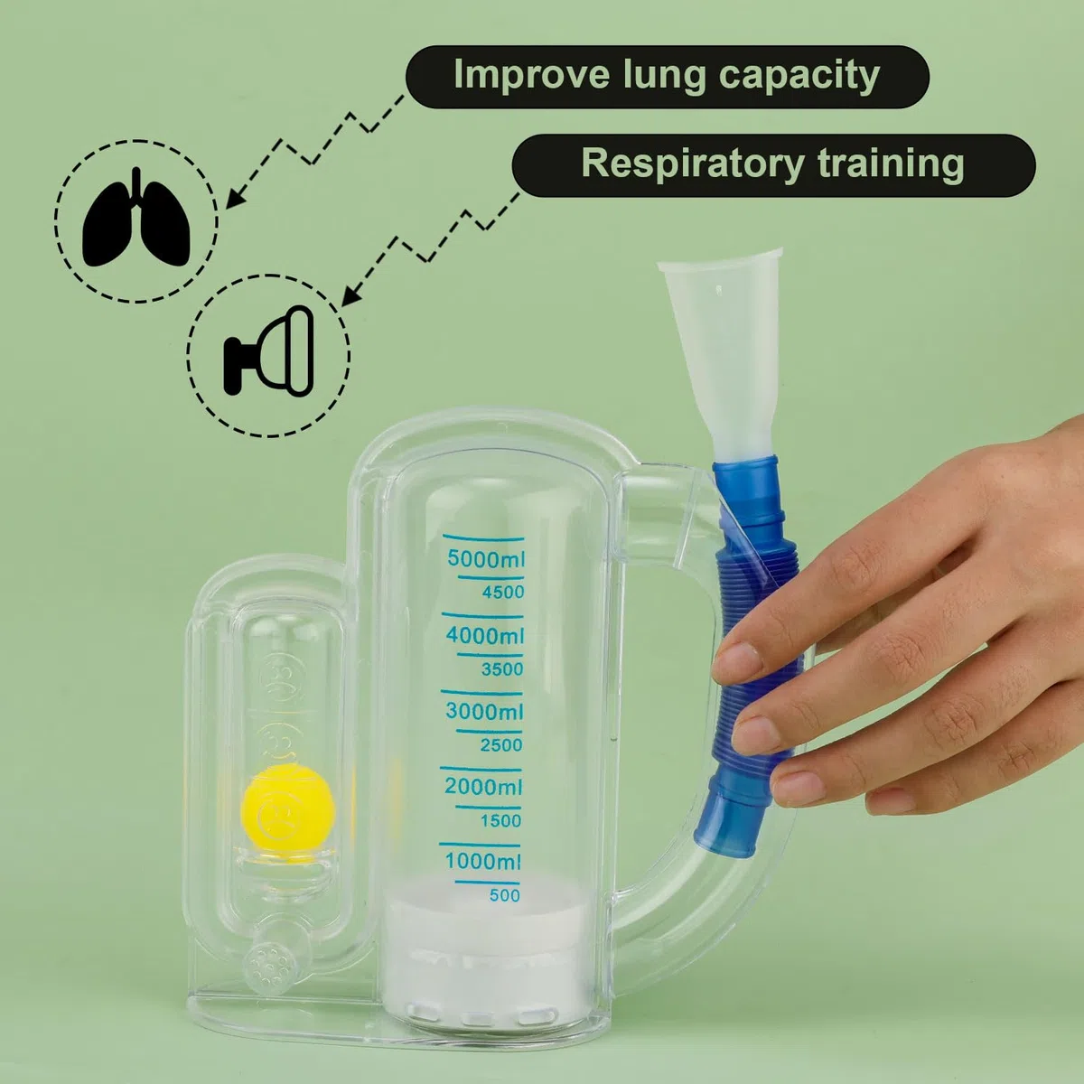 BOXOB Appareil d'Exercice Respiratoire pour Poumons, Mesure Volume d'Inhalation 5000ml Spiromètre Incitatif Adultes avec Indicateur Débit à Bille pour Inhalation Respiration Entraînement Pulmonaire