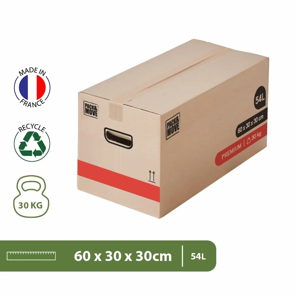 Pack and Move - Lot 50 Cartons Déménagement Premium - 60 X 30 X 30 - Extrême Résistance 30KG - Réutilisable - Poignées Renforcées - 3 Adhésifs Offerts