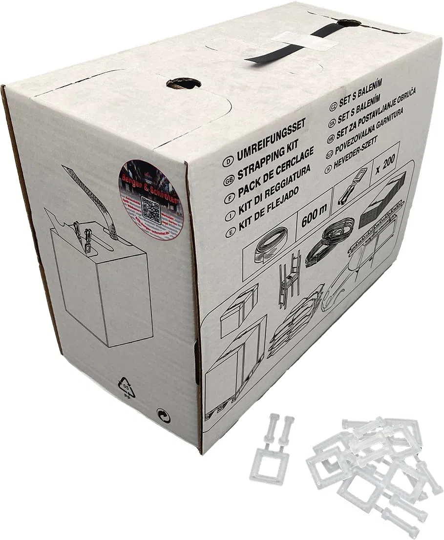 Berger & Schröter Kit de cerclage 600 m ruban PP + 200 pinces plastique pour palettes cartons