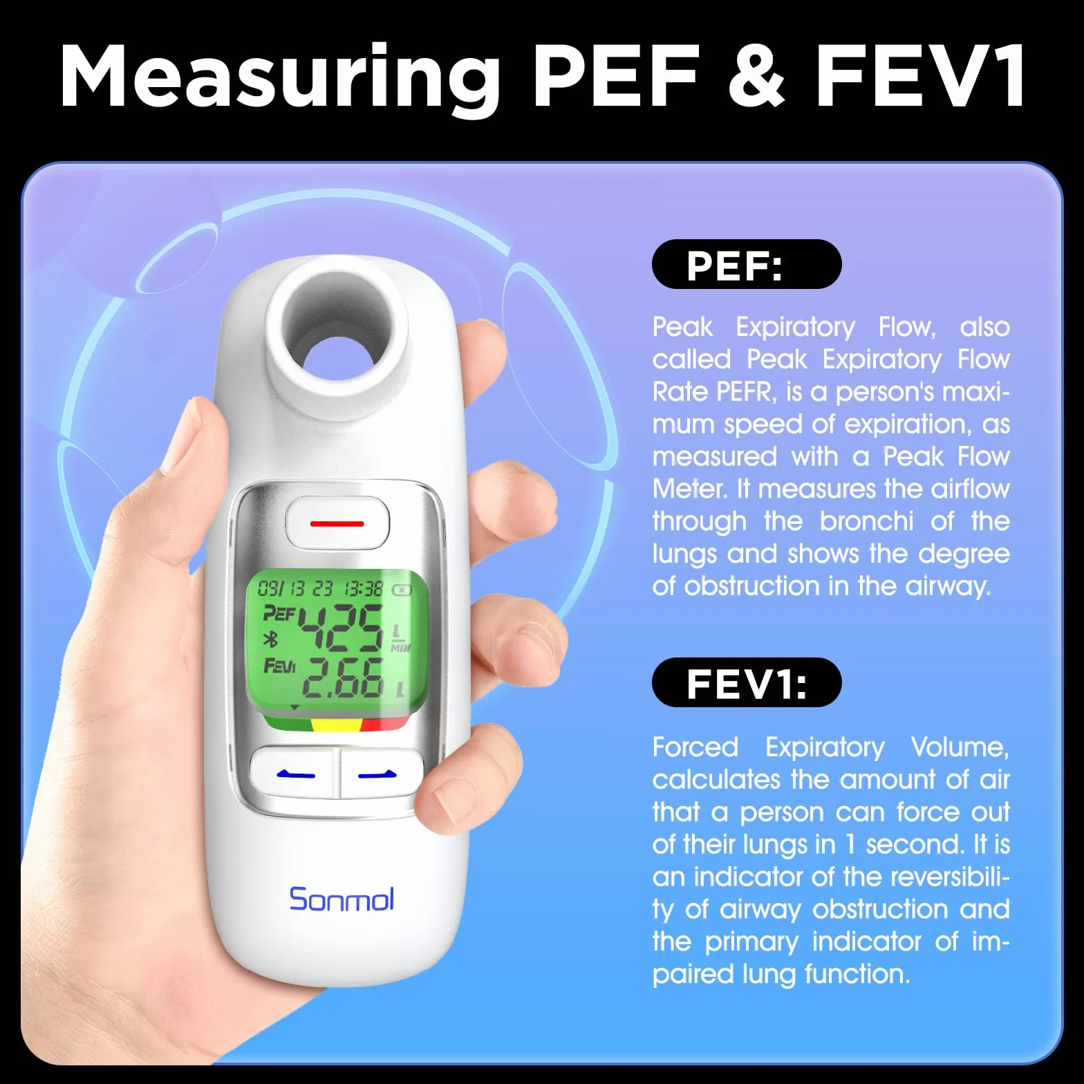 Spiromètre numérique avec débitmètre de pointe et Bluetooth pour enfants et adultes, moniteur à domicile pour l'asthme et la BPCO, PEF FEV1