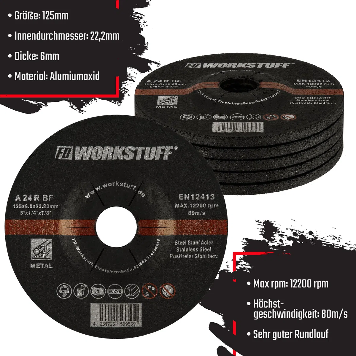 Disques abrasifs FD-Workstuff paquet de 10 Ø 125 x 6 mm pour meuleuses de coupe ou d'angle disques de vadrouille pour acier et métaux non ferreux paquet de 10