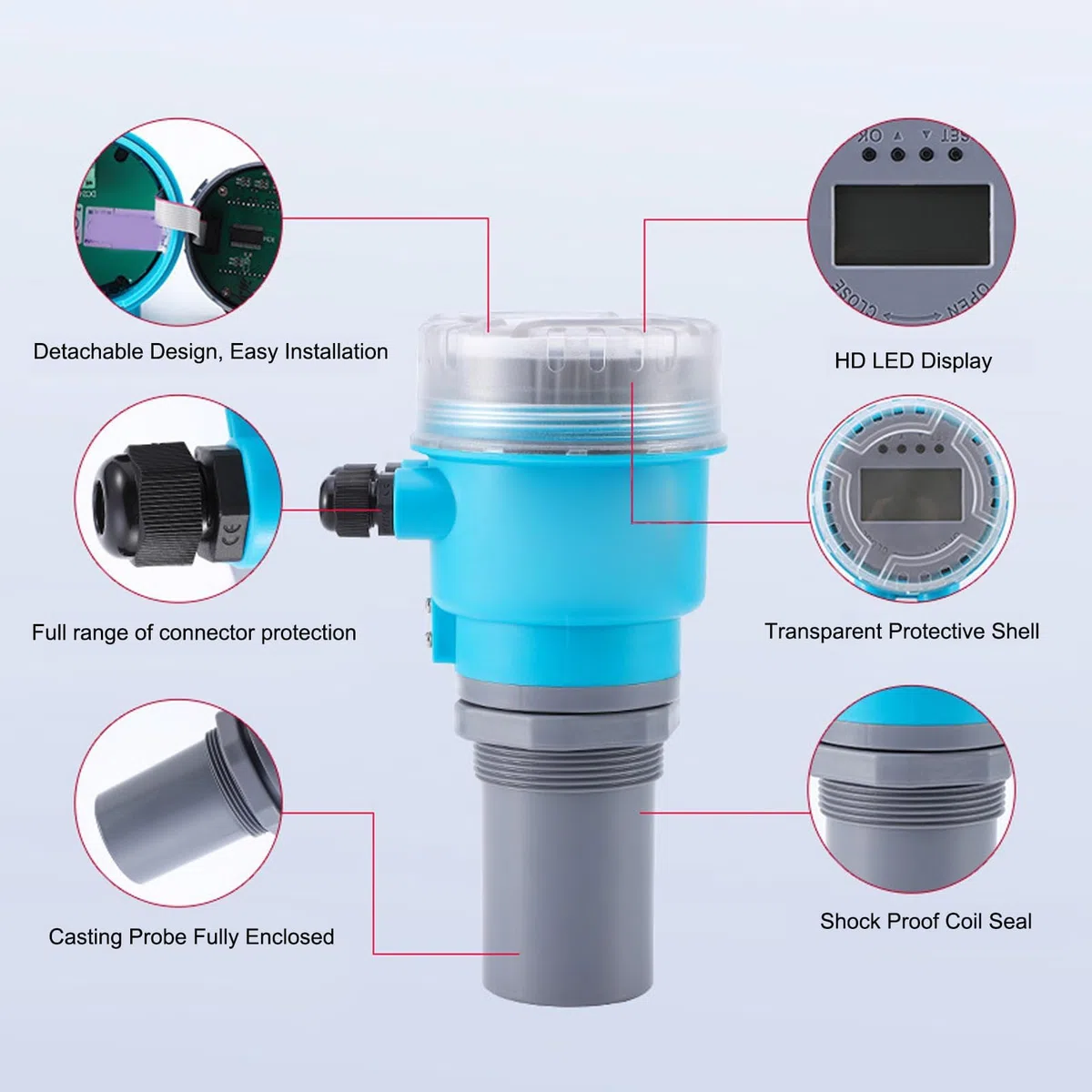 Capteur de niveau d'eau à ultrasons sortie 4-20 MA affichage LED boîtier ABS étanche conception circuit modulaire mesure niveau remplissage large application multifonction