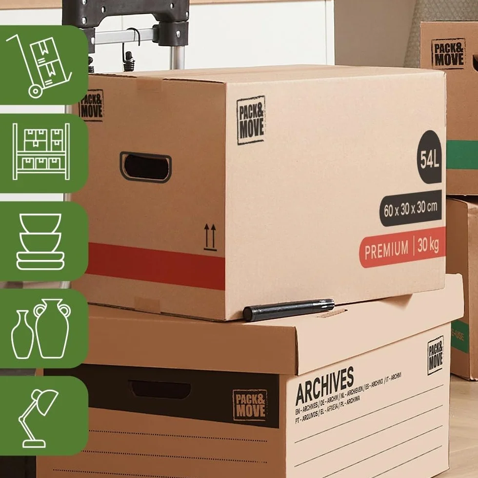 Pack and Move - Lot 50 Cartons Déménagement Premium - 60 X 30 X 30 - Extrême Résistance 30KG - Réutilisable - Poignées Renforcées - 3 Adhésifs Offerts