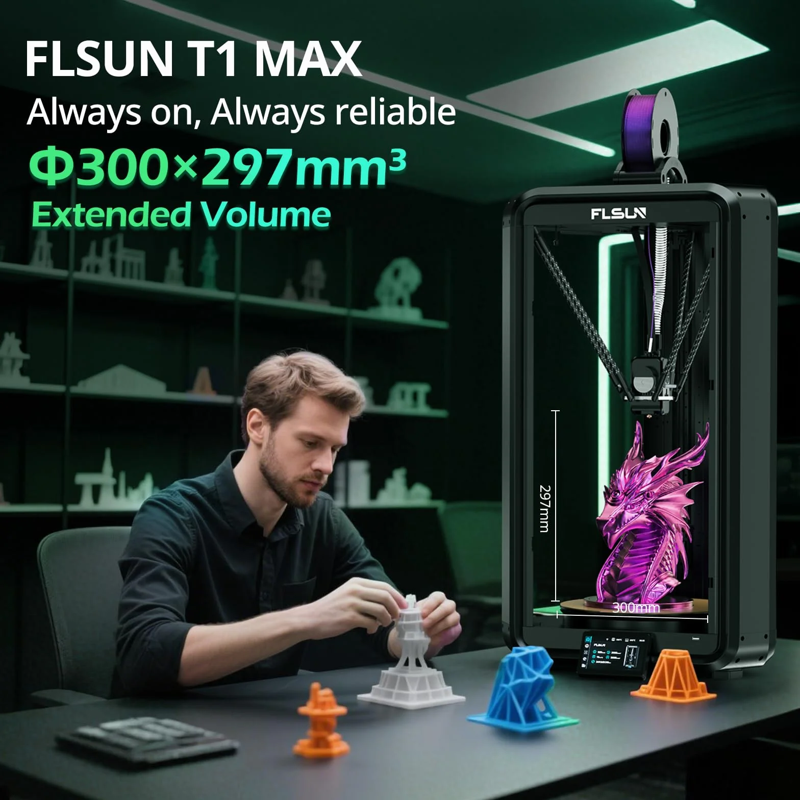 FLSUN T1 Max Imprimante 3D Delta, 1000 mm/s Vitesse Haute Précision, Design Ultra-Silencieux pour Bureau, Busette Acier & Nivellement Automatique, Format d'impression Grand 300x300x297 mm