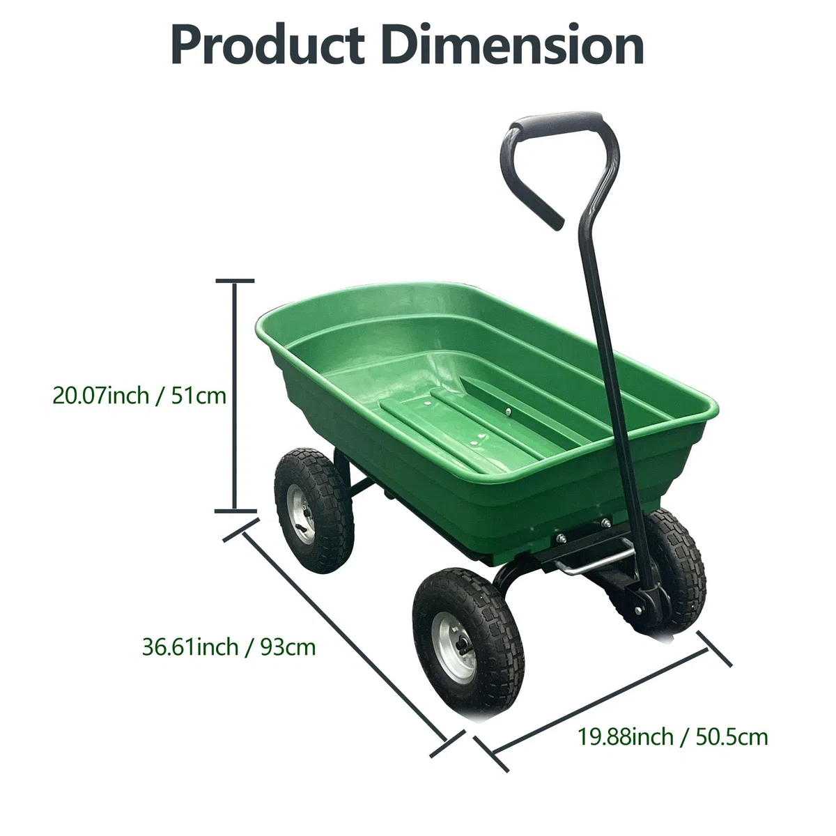 Brouette de Jardin 4 Roues, Chariot Utilitaire Fer et Plastique, 93x89,5x50,5 cm, Vert, Chariot de Transport Stable pour Jardin et Cour