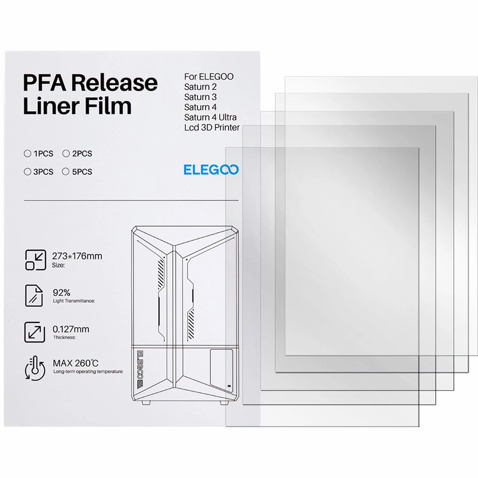 ELEGOO Lot de 5 Films PFA pour Imprimante 3D Saturn 2, 3, 4, 4 Ultra, 4 Ultra 16K, 273x176x0,127 mm