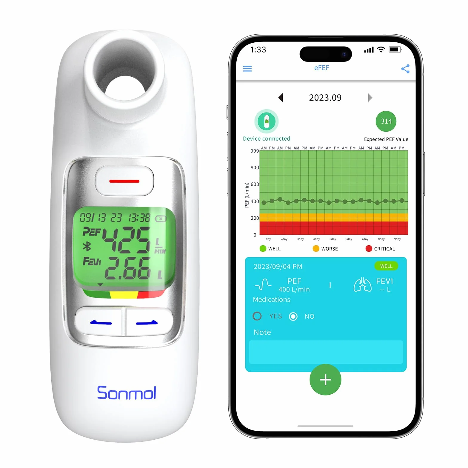 Spiromètre numérique avec débitmètre de pointe et Bluetooth pour enfants et adultes, moniteur à domicile pour l'asthme et la BPCO, PEF FEV1