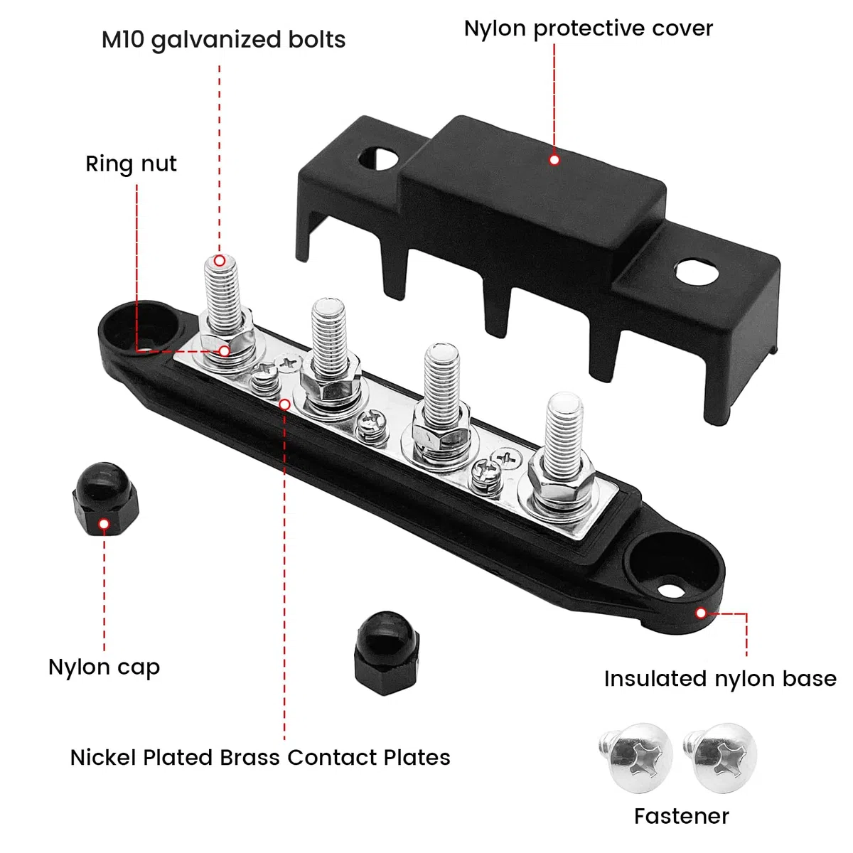 Bloc de Distribution D'alimentation 12V-48V dc Bus Bar, 250A Barre de Bus Rails de Collecte Couvercle avec 4 X M10(3/8") Boulons de Raccordement pour Voiture Camion Bateau (Rouge & Noir)