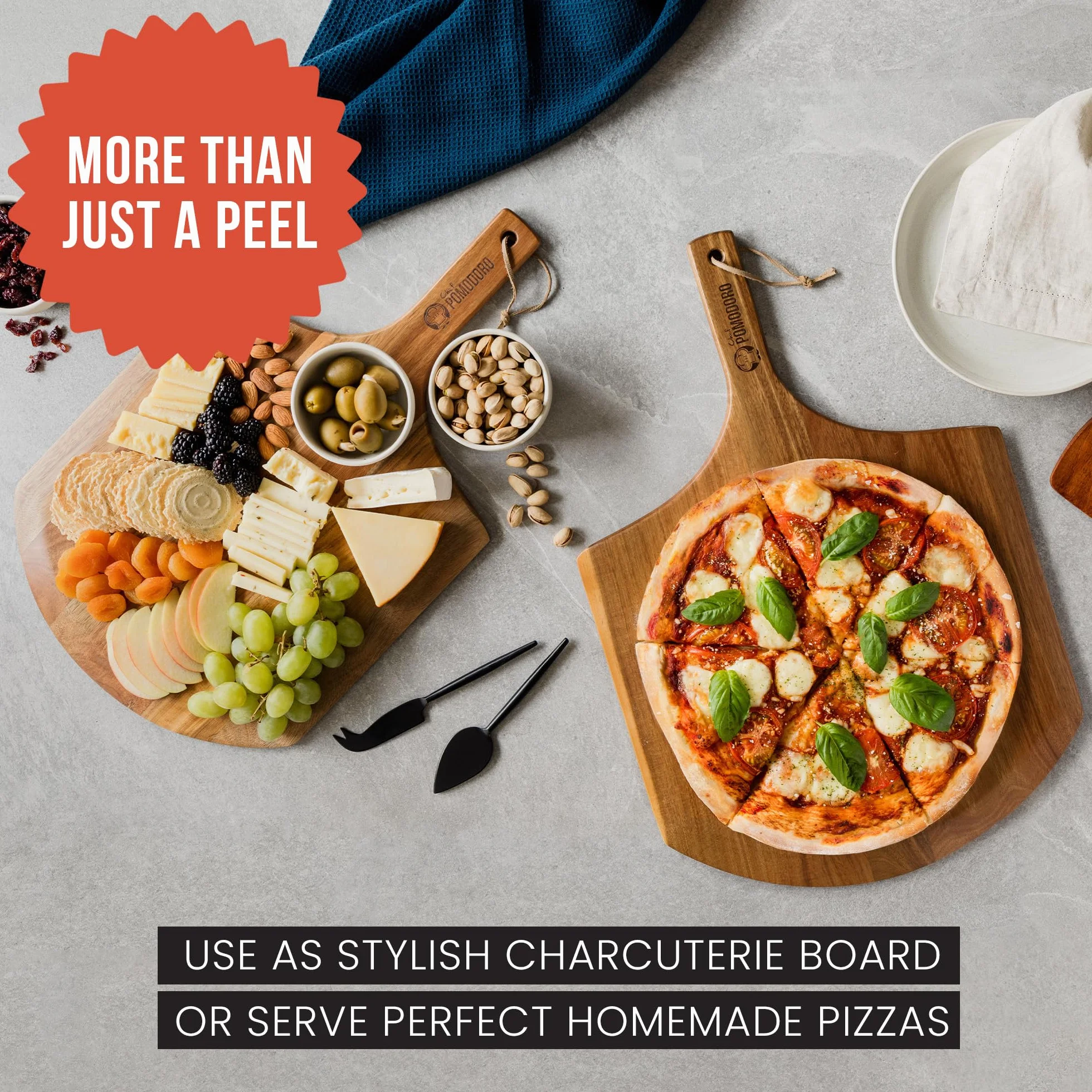 Chef Pomodoro | Pelle à Pizza en Bois d'Acacia Léger (30 cm), Pelle Pizza, Planche à Pizza de Preparation et Lancement de Pizza et Pain faits Maison, Accessoire pizza convient au Four