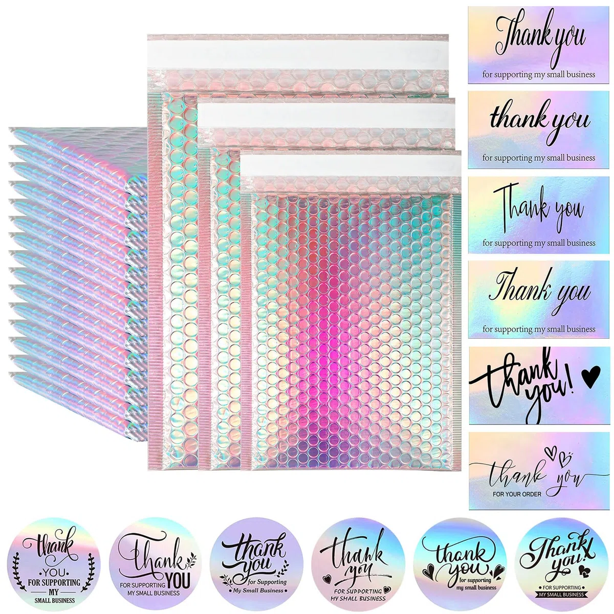 Lot de 50 enveloppes à bulles holographiques avec cartes de remerciement - Poly Bubble Mailer autocollant