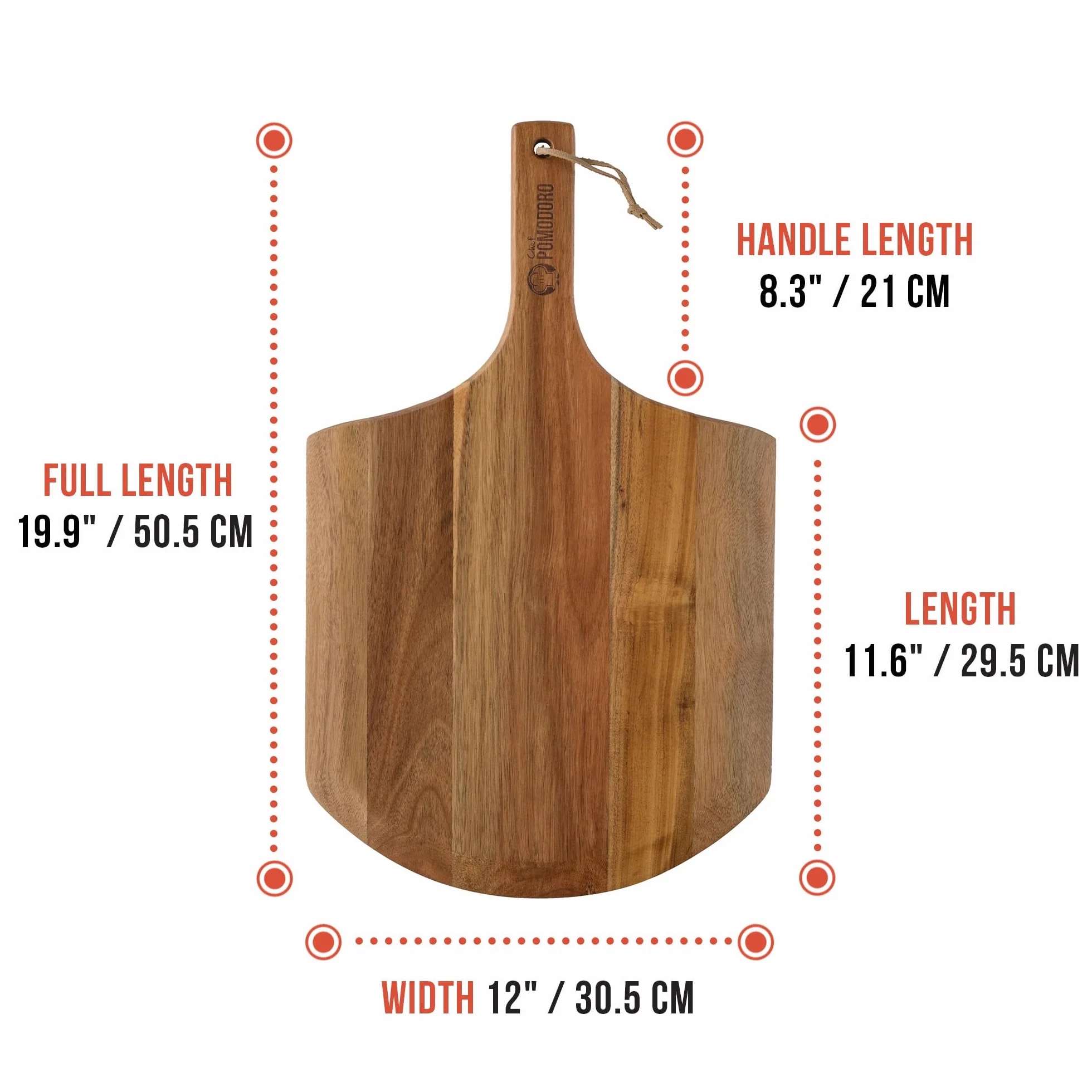Chef Pomodoro | Pelle à Pizza en Bois d'Acacia Léger (30 cm), Pelle Pizza, Planche à Pizza de Preparation et Lancement de Pizza et Pain faits Maison, Accessoire pizza convient au Four