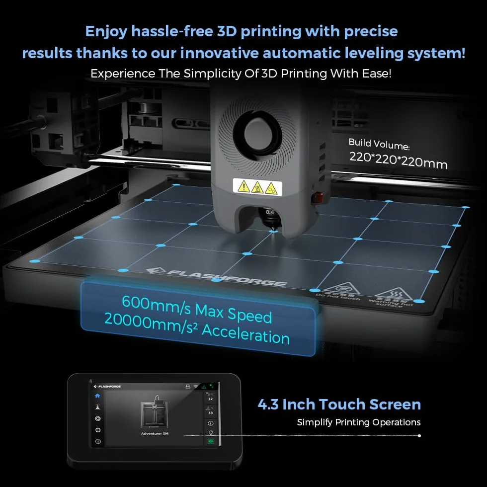 FLASHFORGE imprimante 3D Adventurer 5M, FDM imprimante 3D de nivellement entièrement automatique, impression Haute Vitesse Max 600mm/s, structure XY de base, grande taille d'impression 220*220*220mm