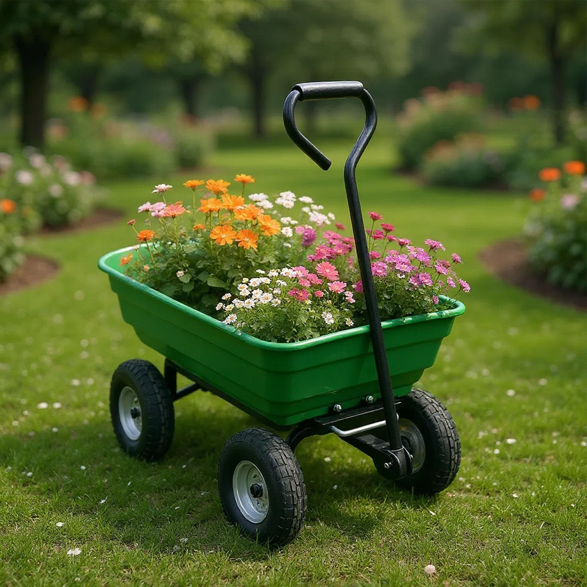 Brouette de Jardin 4 Roues, Chariot Utilitaire Fer et Plastique, 93x89,5x50,5 cm, Vert, Chariot de Transport Stable pour Jardin et Cour