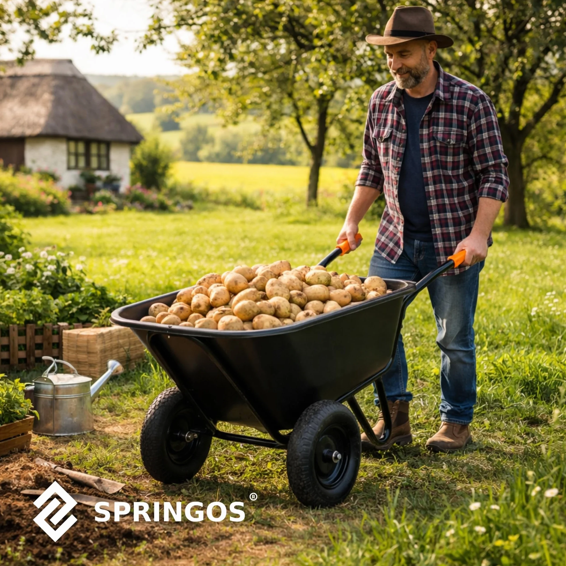 SPRINGOS - Brouette de jardin 300 litres à deux roues, capacité 160 kg, roues pneumatiques, bac en plastique, montage facile, pour travaux de jardinage et de construction