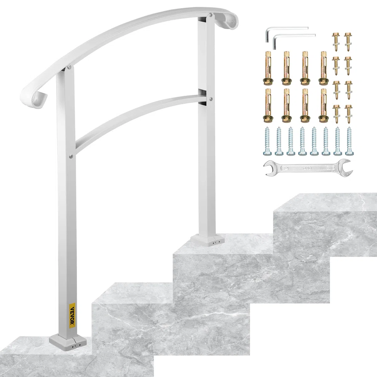 VEVOR Rampe d'Escalier pour 3 Marches Extérieures Main Courante Escalier en Fer Forgé Hauteur Maximale des Marches 52,5 cm Rampe Extérieur pour Porche, Marches en Béton, Brique, Jardin, Hôtel, Blanc