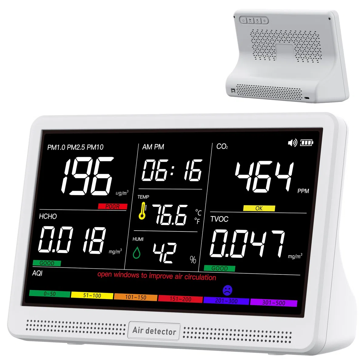 Moniteur de qualité d'air intérieur 16 en 1 avec écran 7", autonomie améliorée de 12 heures. Compteur professionnel pour CO₂, COV, PM2.5, PM1.0, PM10, HCHO, température, humidité, AQI et heure