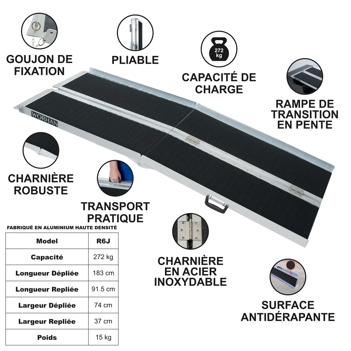 Rampe 1.83m Alu Pliable Valise Aluminium pour Fauteuil Roulant Chargement Scooter Plate-Forme Fonction Antidérapante Elevée Neuf R6J