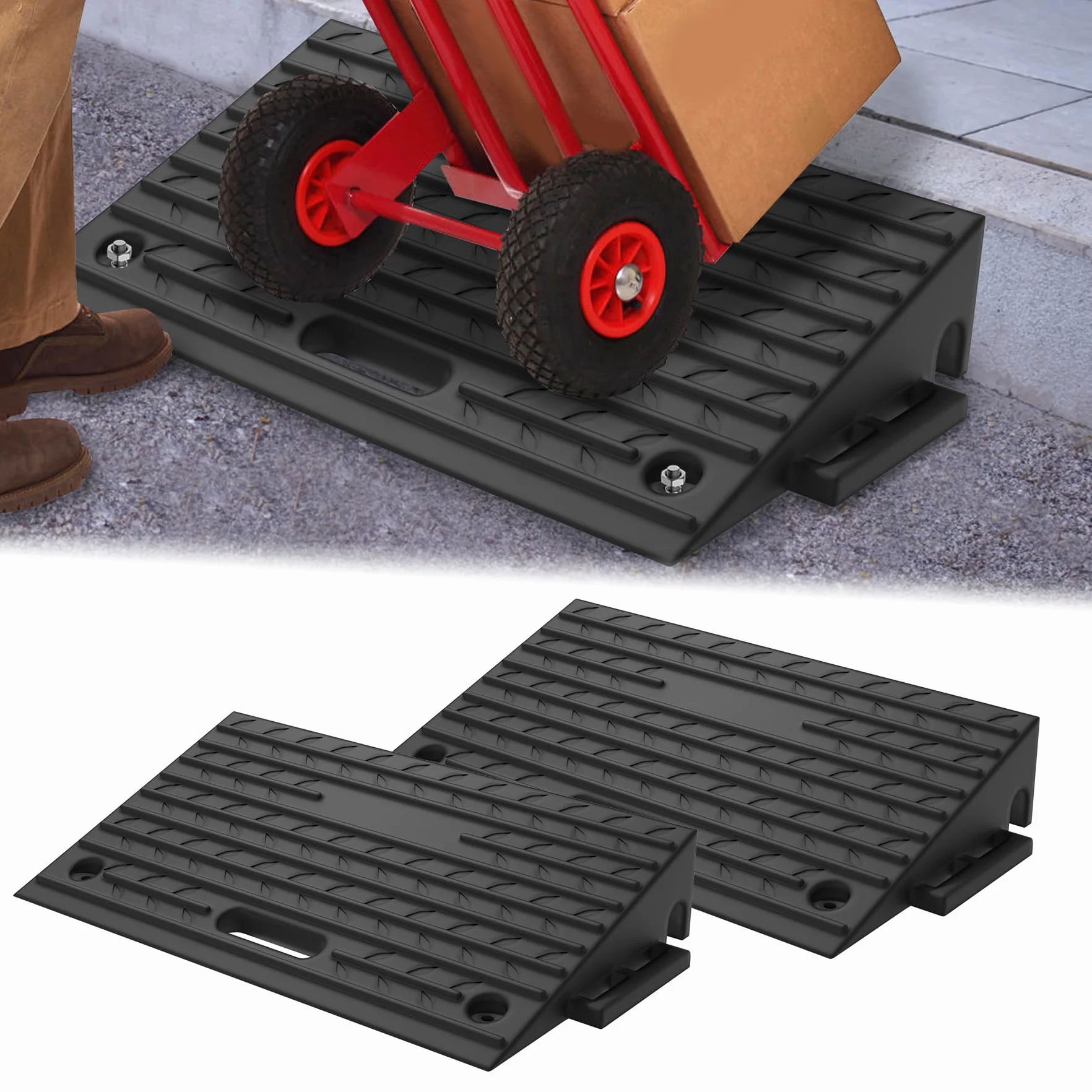 UISEBRT Lot de 2 rampes de trottoir en caoutchouc pour bordures, allées, garages, rampes de seuil de porte robustes, avec fonction portable, antidérapantes et résistantes aux intempéries, noir, 53 x