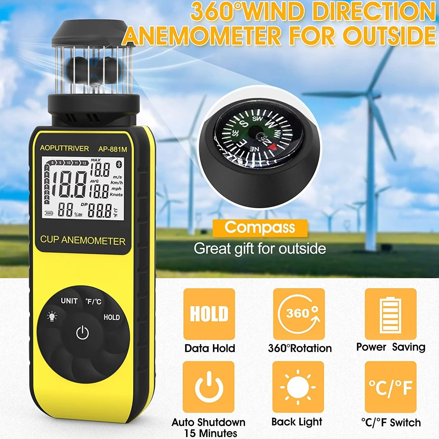 Anémomètre Numérique AP-881M Wind Cup, Anémomètre de Poche 360° Toutes Directions, Mesure Vitesse Vent Température LCD