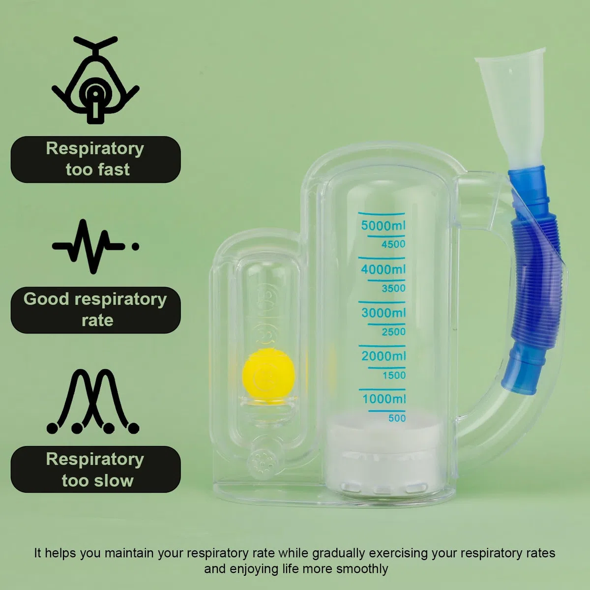 BOXOB Appareil d'Exercice Respiratoire pour Poumons, Mesure Volume d'Inhalation 5000ml Spiromètre Incitatif Adultes avec Indicateur Débit à Bille pour Inhalation Respiration Entraînement Pulmonaire