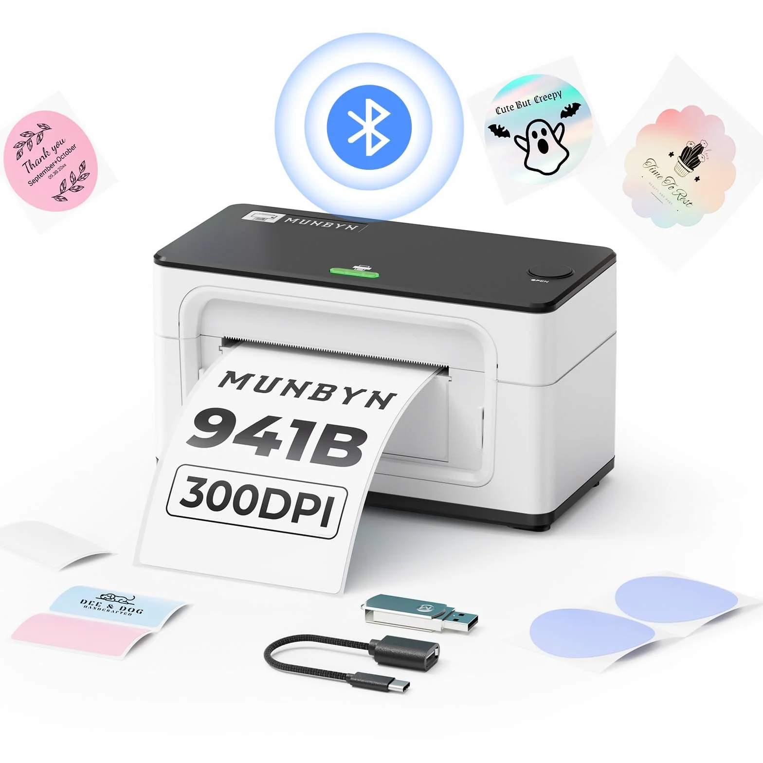 MUNBYN 300DPI Imprimante Thermique Bluetooth 4x6, Étiquette Expédition, Vitesse 150mm/s, USB/Bluetooth, Compatible Colissimo UPS Amz Ebay