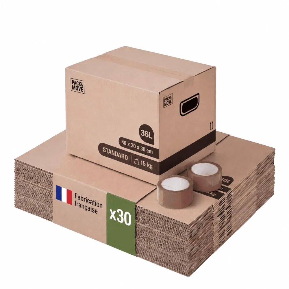 Lot de 30 cartons déménagement livres avec poignées + adhésif
