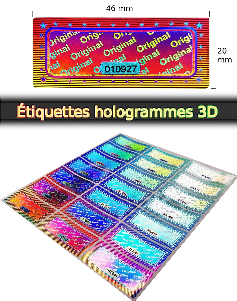 Hologramme 3D Sceau Original 46x20mm Argent Brillant - 1000 pcs Sceau de Sécurité Autocollant