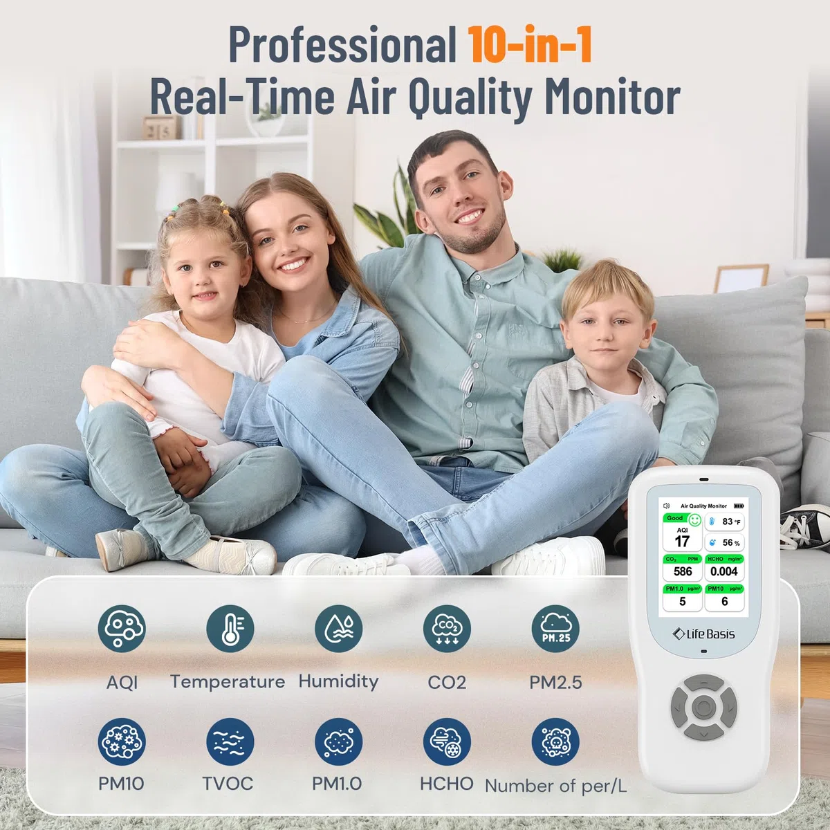 10 en 1 Appareils Mesurant Qualité Air Intérieur, LifeBasis Détecteur de CO2, AQI,PM1.0, PM2.5, PM10, TVOC, HCHO, Particules, Température et Humidité pour Maison, Bureau, et Ecole